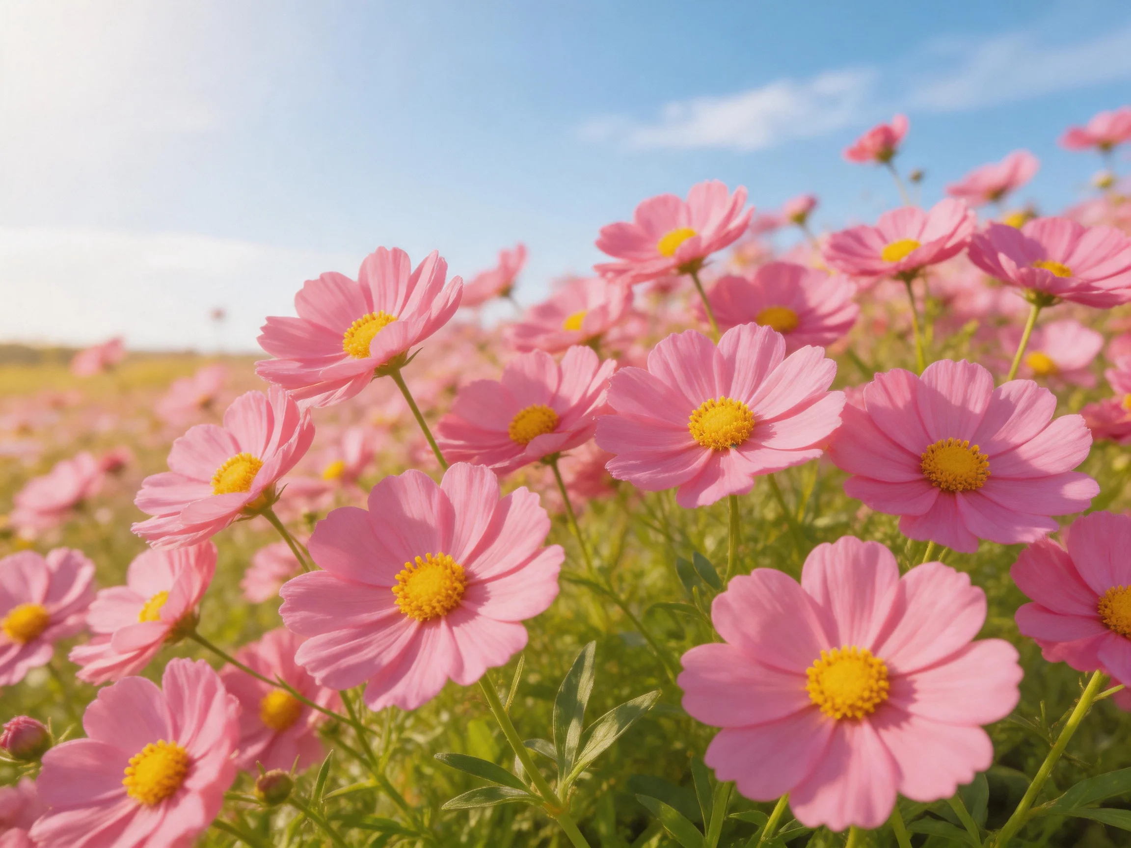 A field of vibrant pink cosmos blooms beneath a clear blue sky