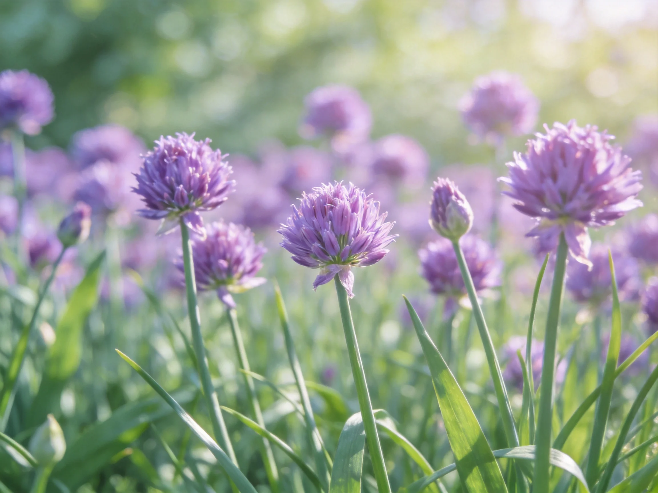 A field of vibrant purple allium blooms with green stems