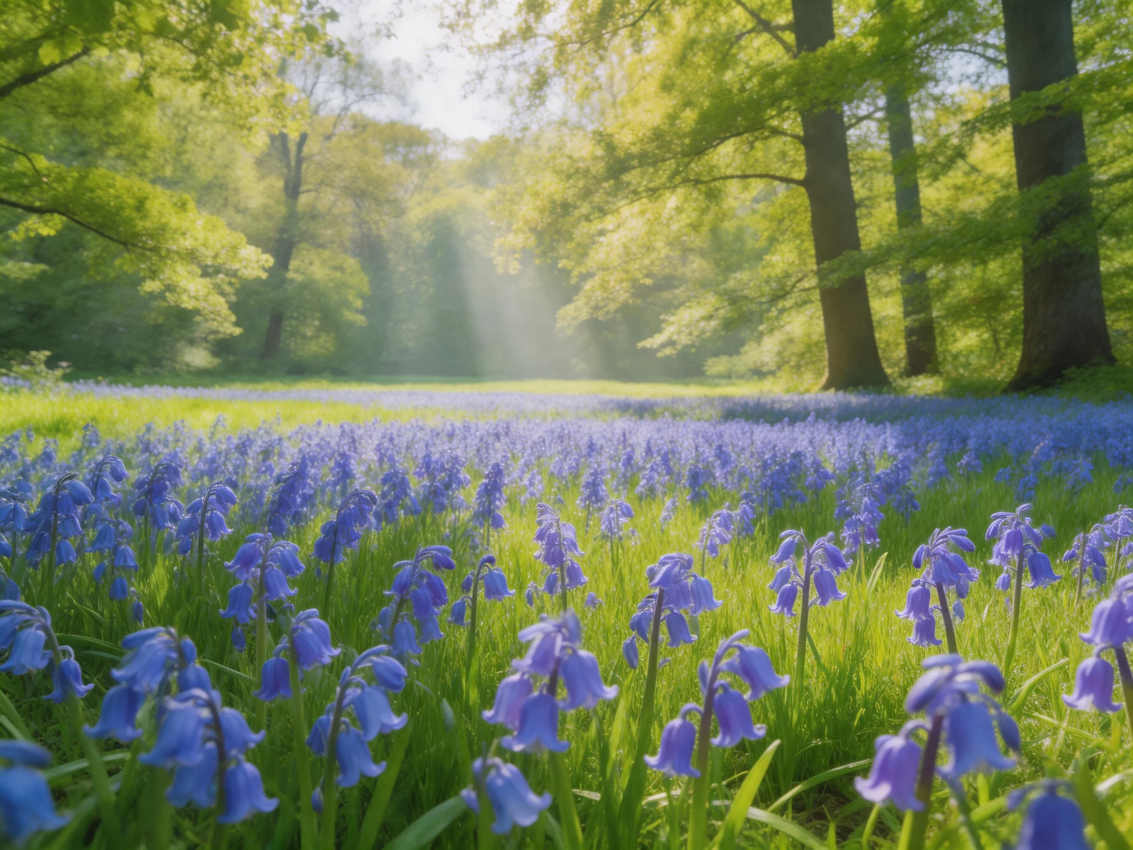 A field of vibrant purple-blue flowers beneath tall green trees