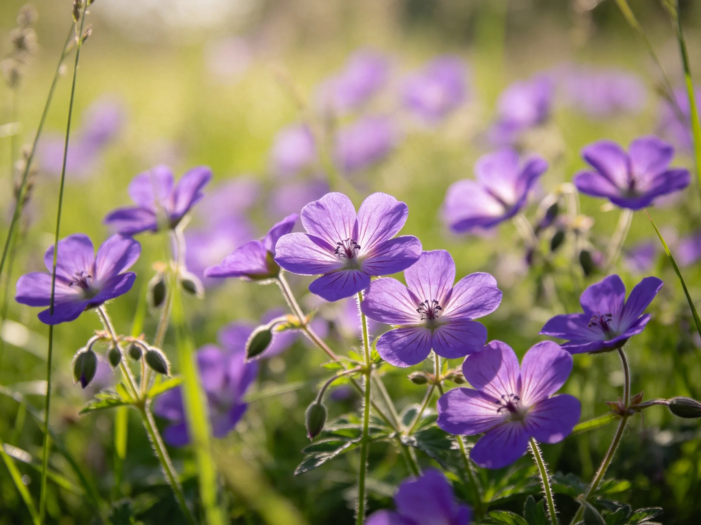 A field of vibrant purple wildflowers bathed in soft sunlight