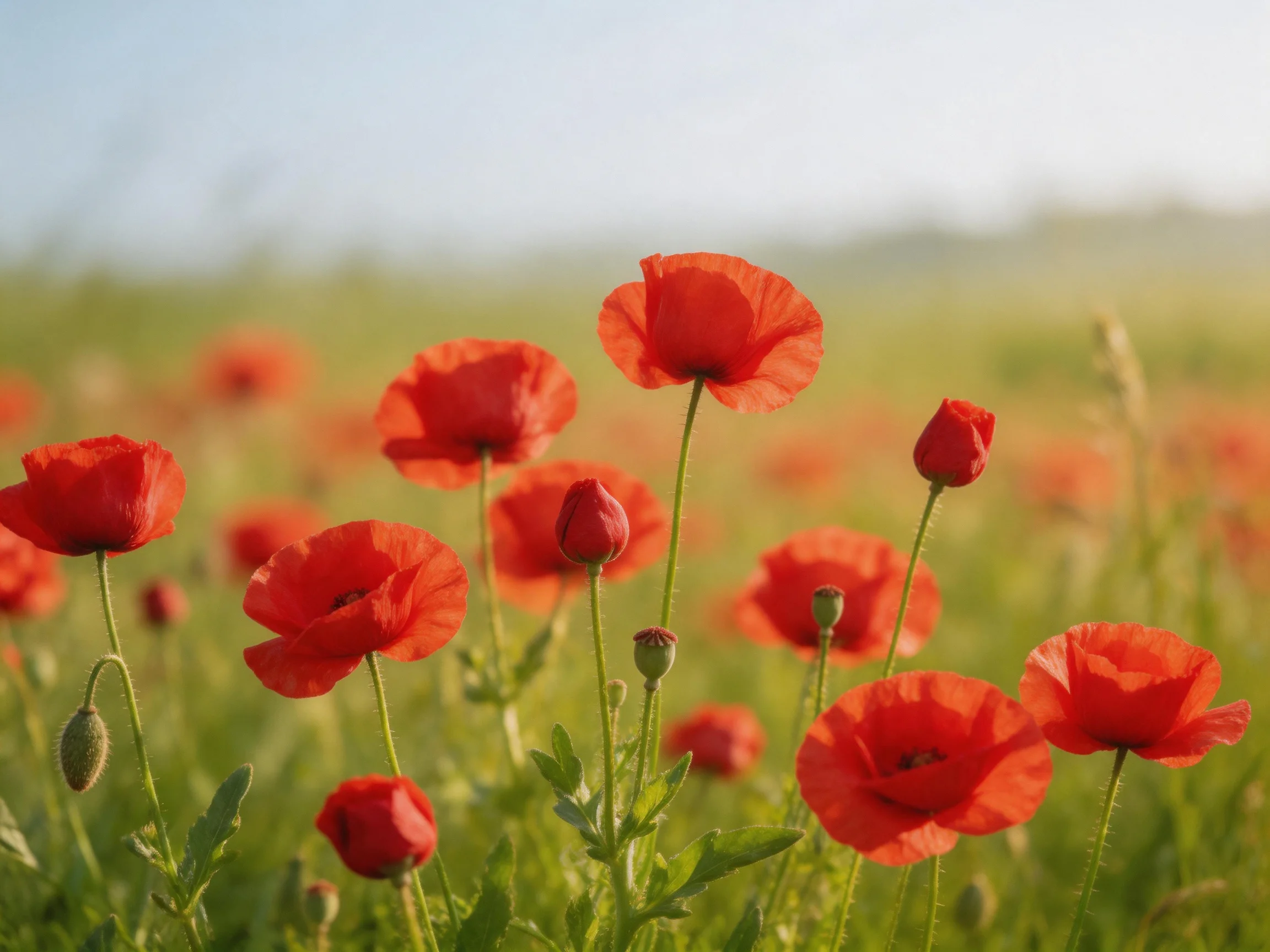 A field of vibrant red poppies blooming in a sunlit meadow