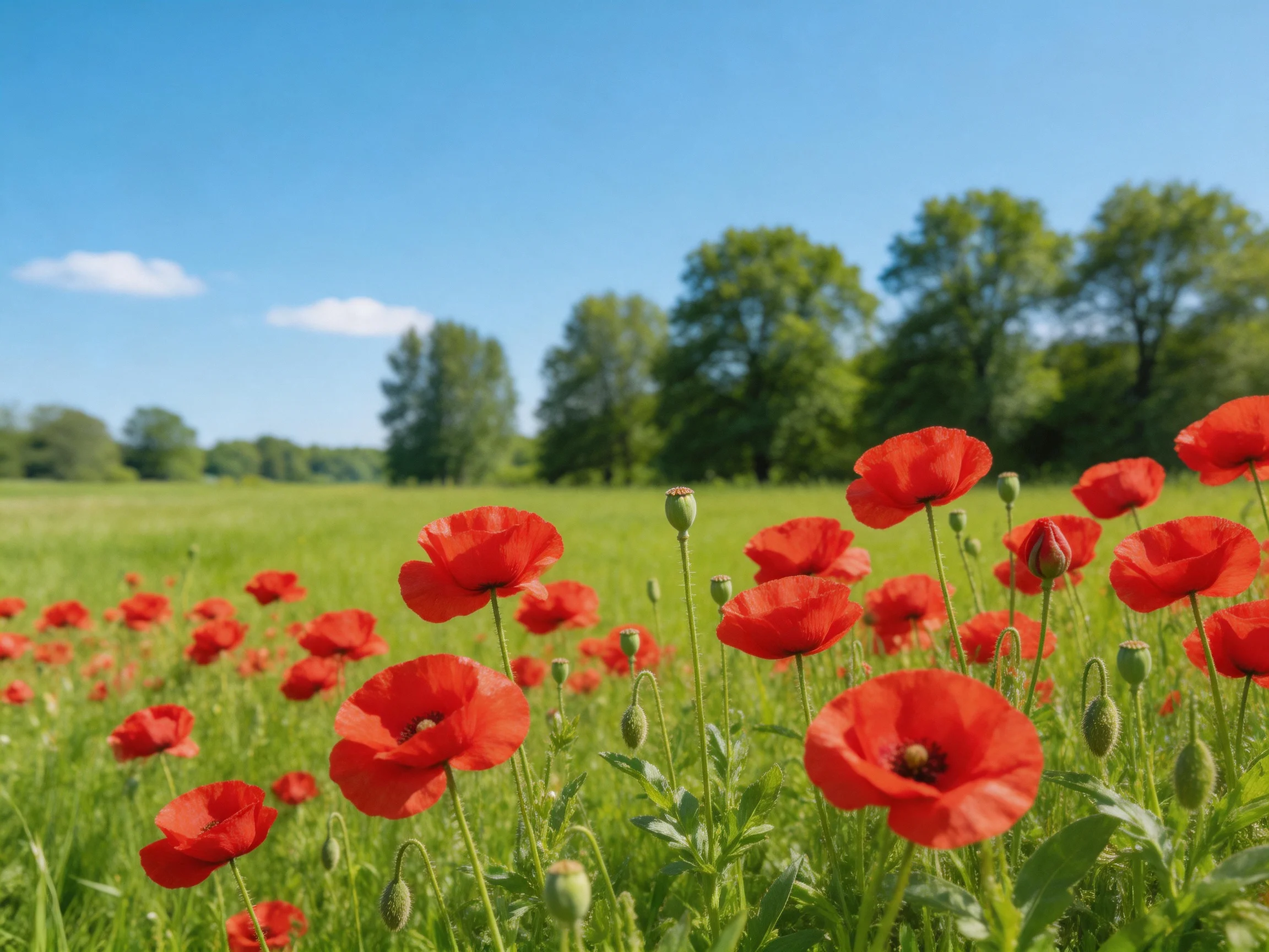 A field of vibrant red poppies under a clear blue sky