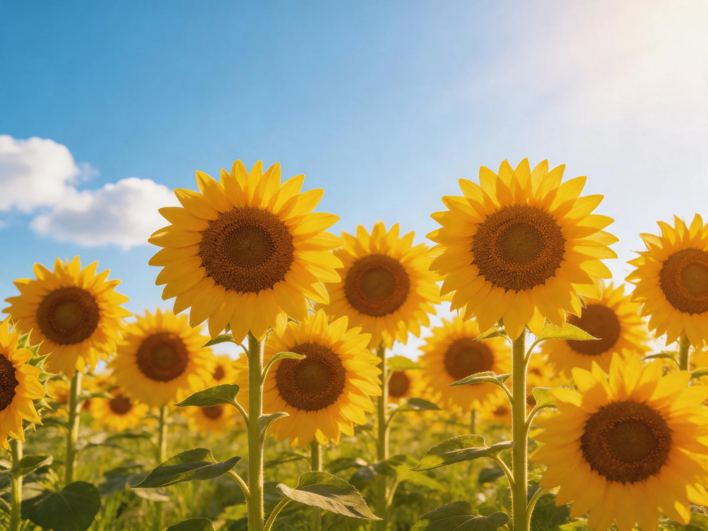 A field of vibrant sunflowers blooms beneath a clear blue sky