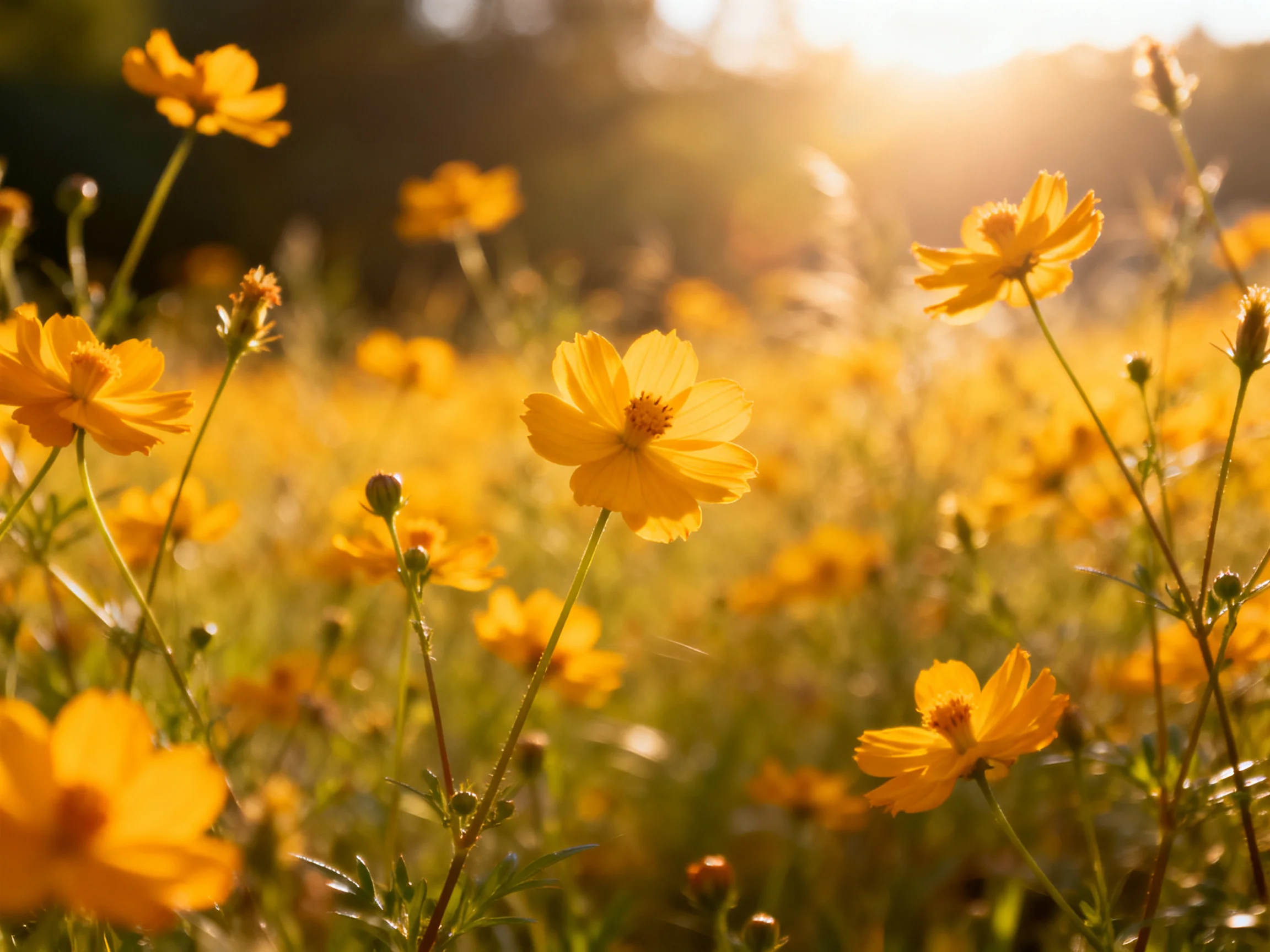 A field of vibrant yellow cosmos blooms under golden sunlight
