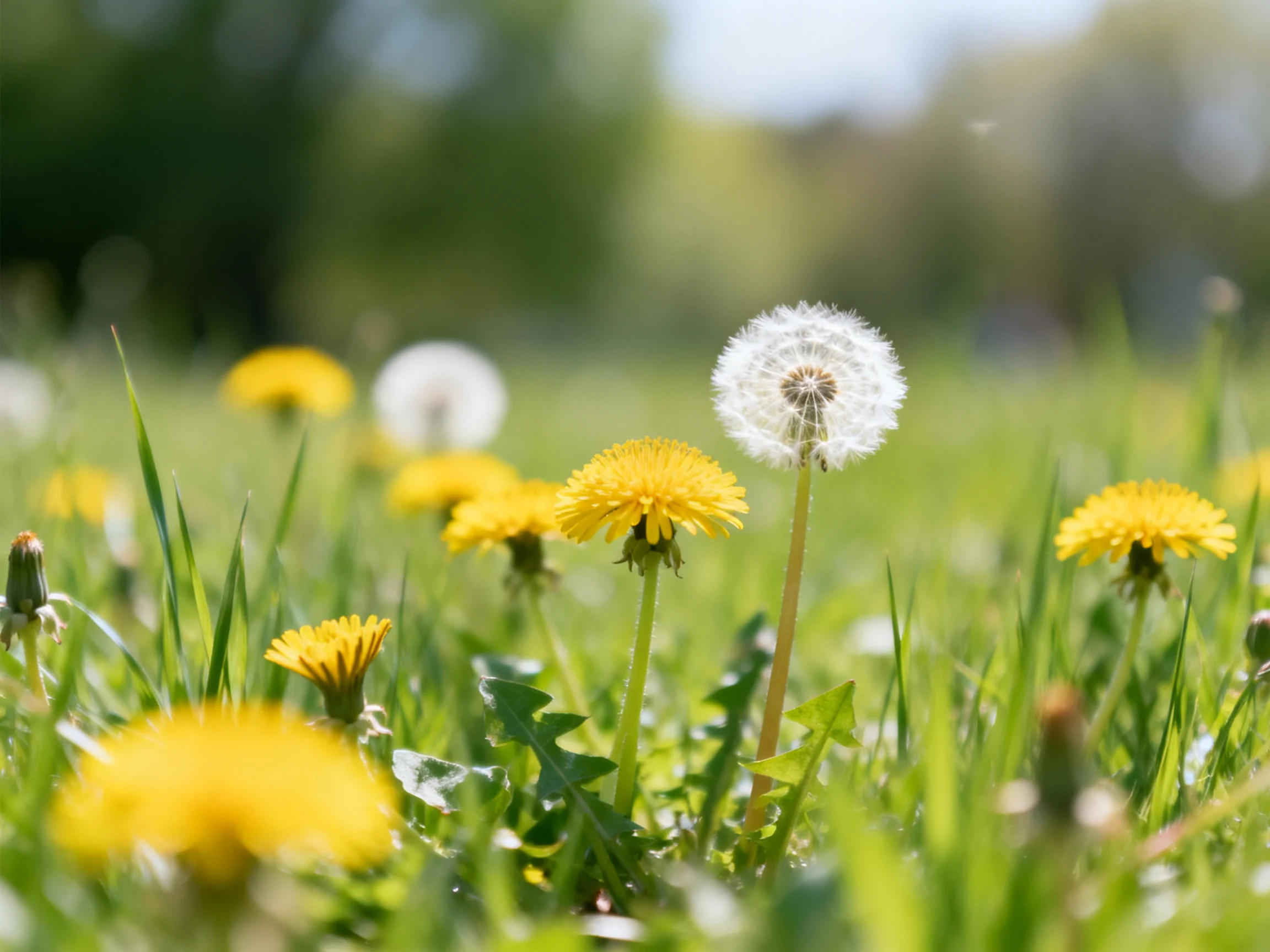 A field of vibrant yellow dandelions with a single white puffball