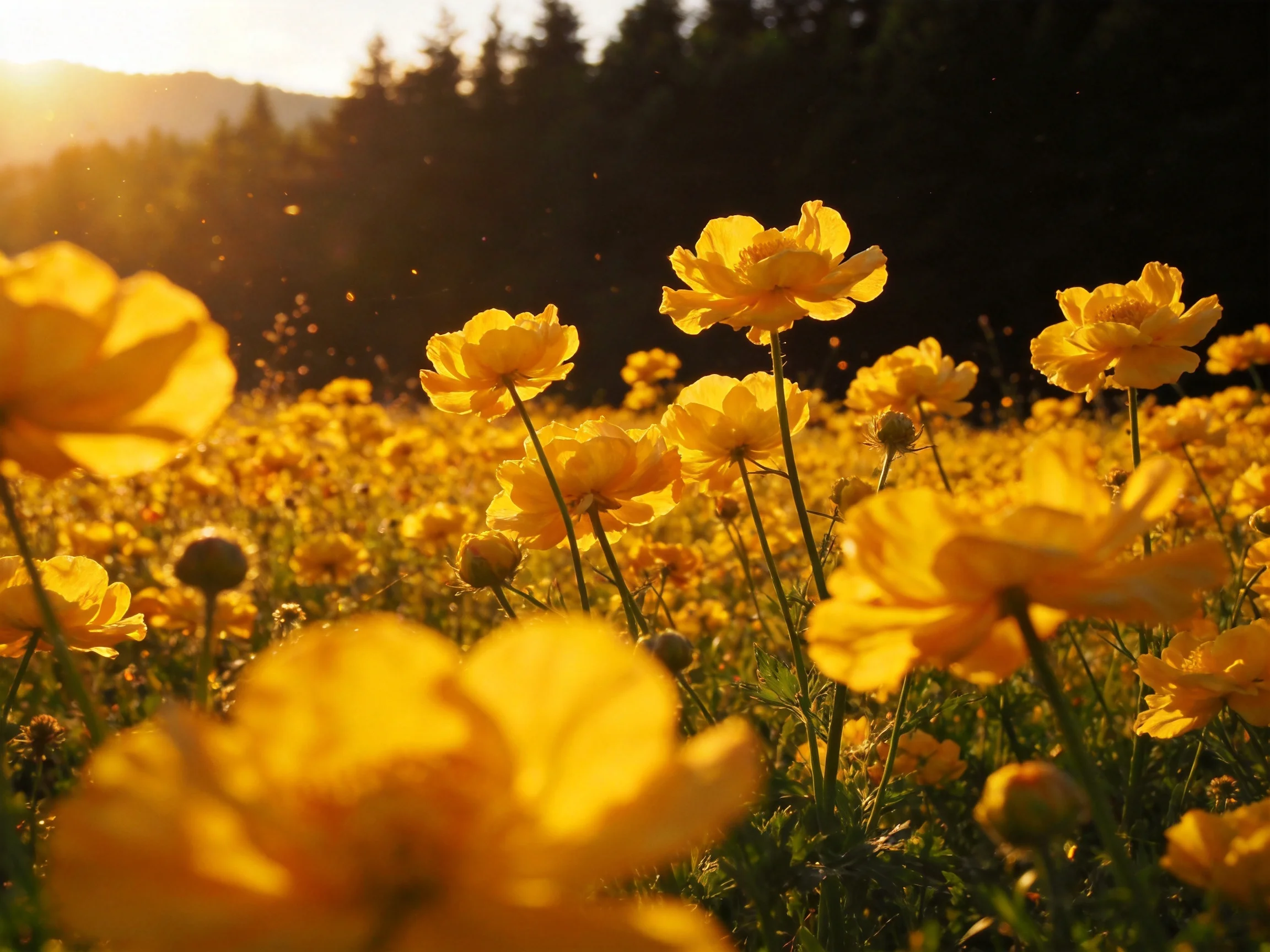 A field of vibrant yellow flowers bathed in golden sunlight