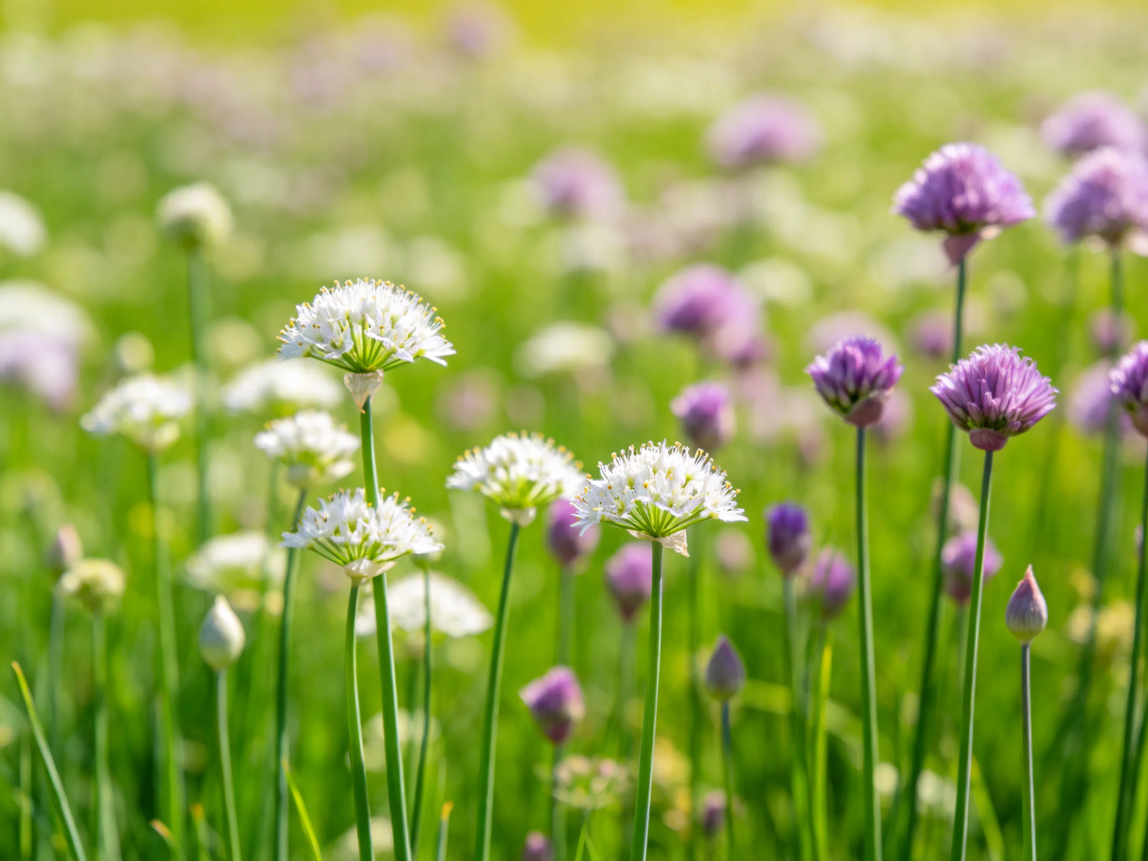A field of white and purple allium flowers blooming in lush greenery