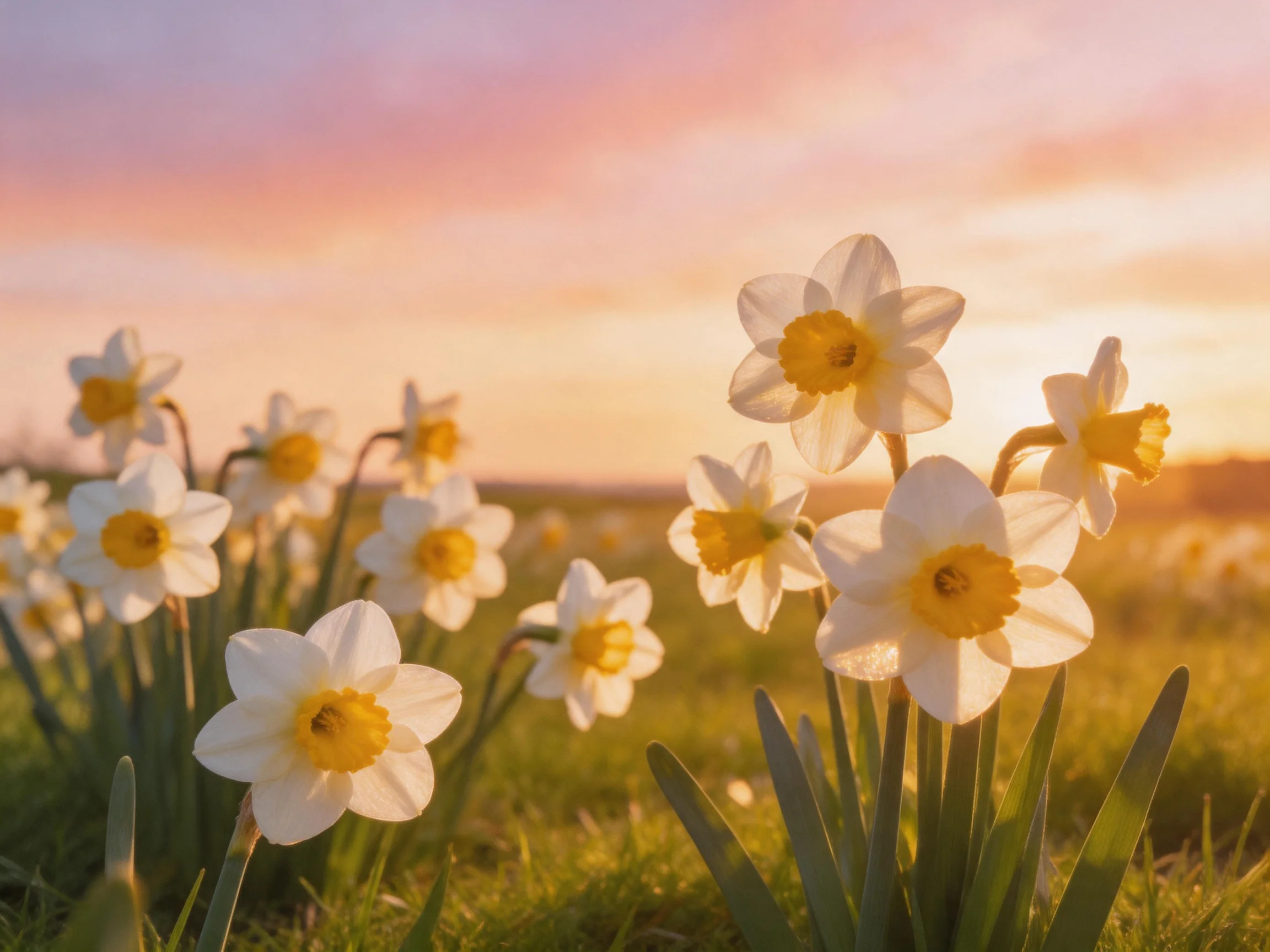A field of white and yellow daffodils blooms under a pink-orange sunset sky