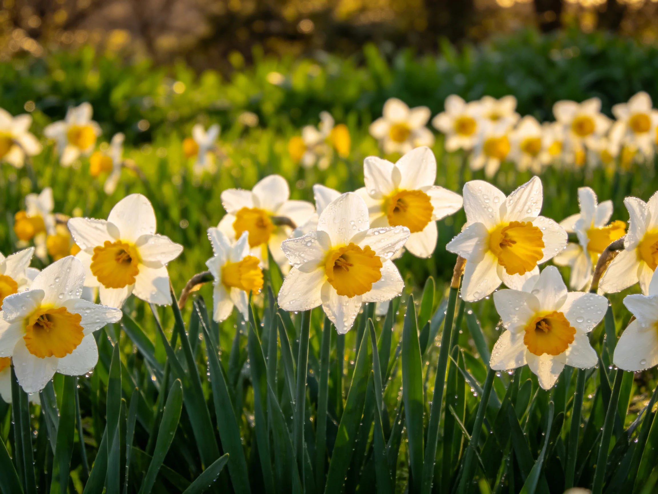A field of white and yellow daffodils with dew drops under golden sunlight