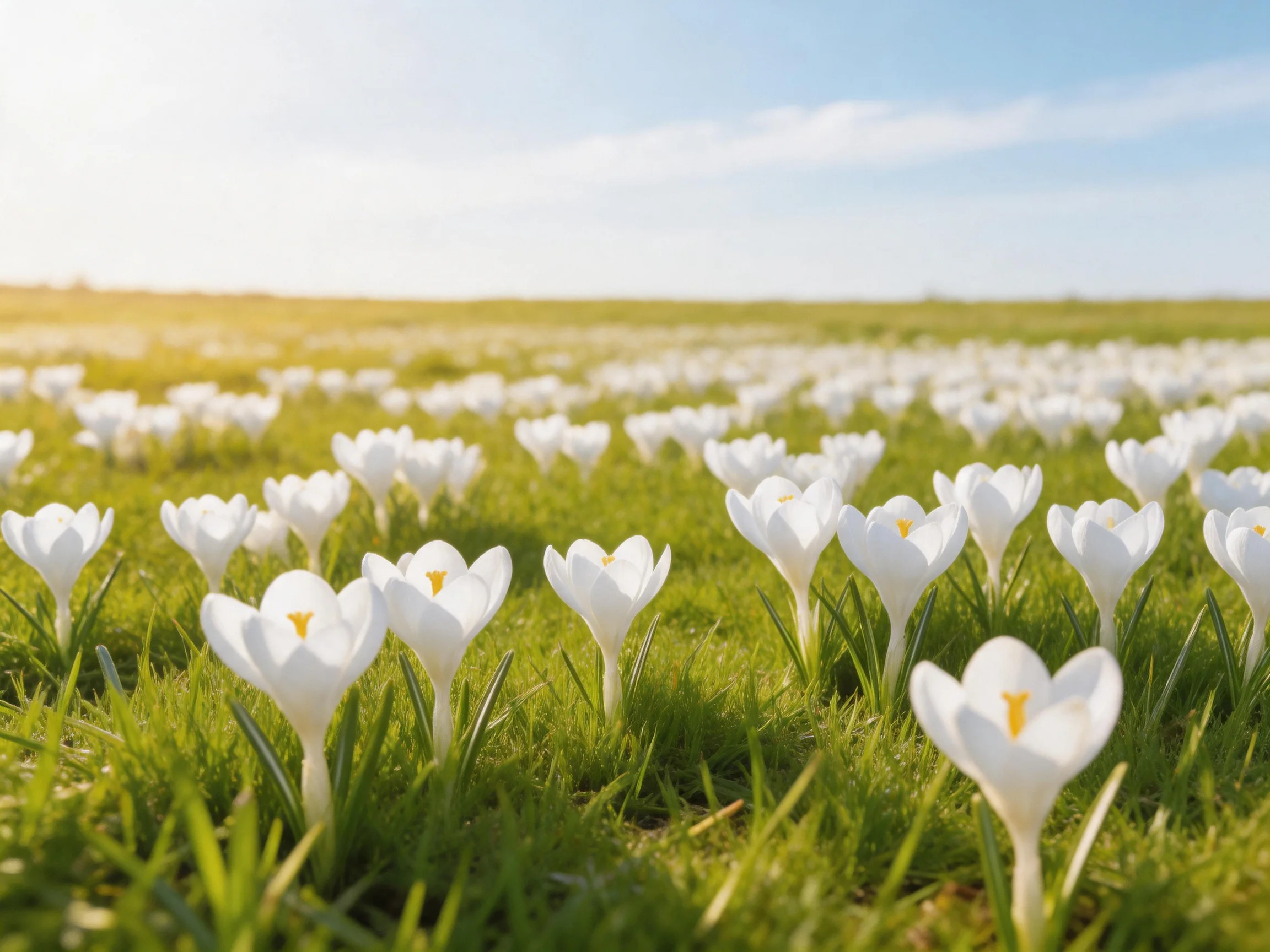 A field of white crocus flowers blooming in lush green grass
