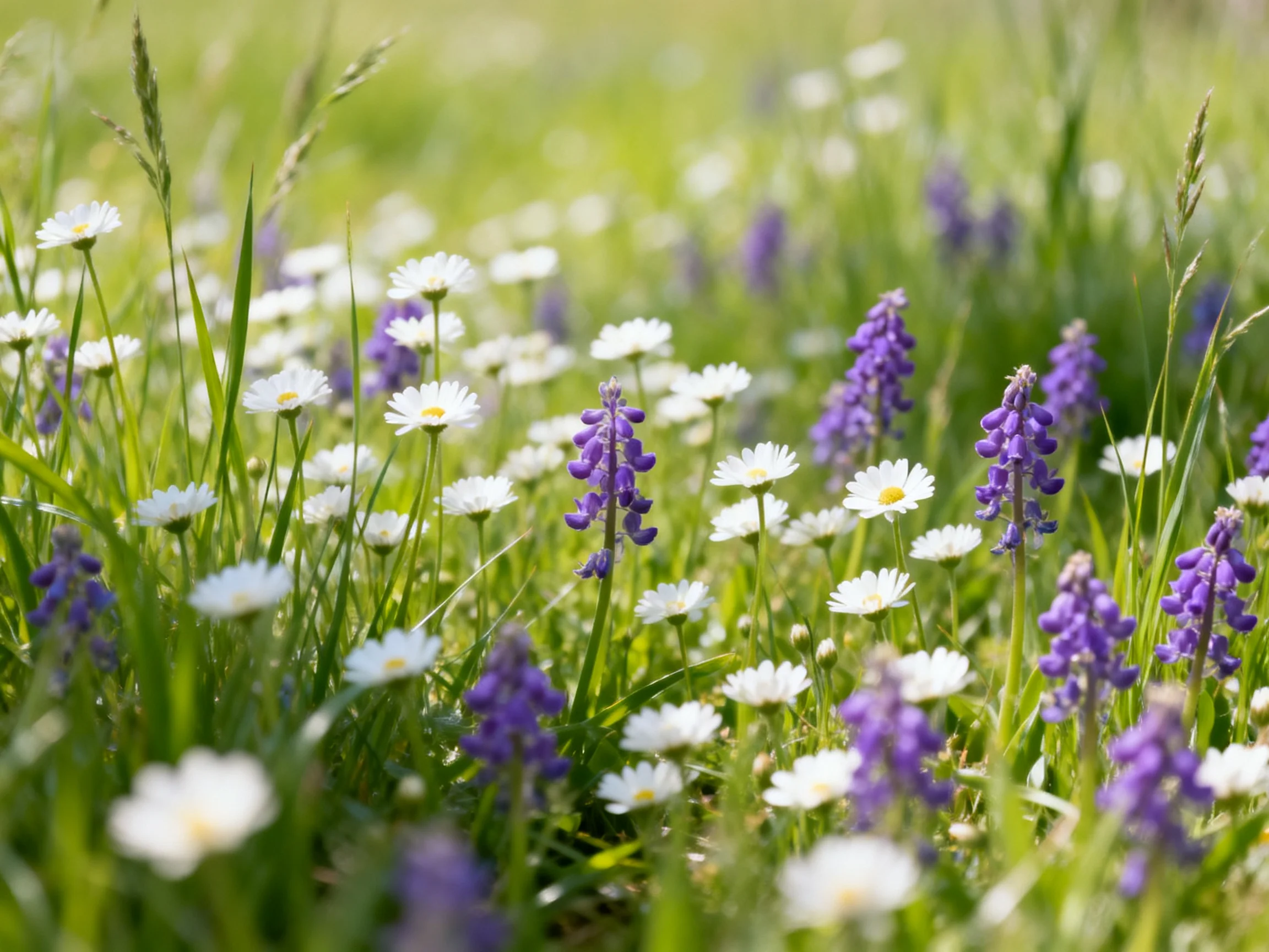 A field of white daisies and purple blooms amid lush green grass