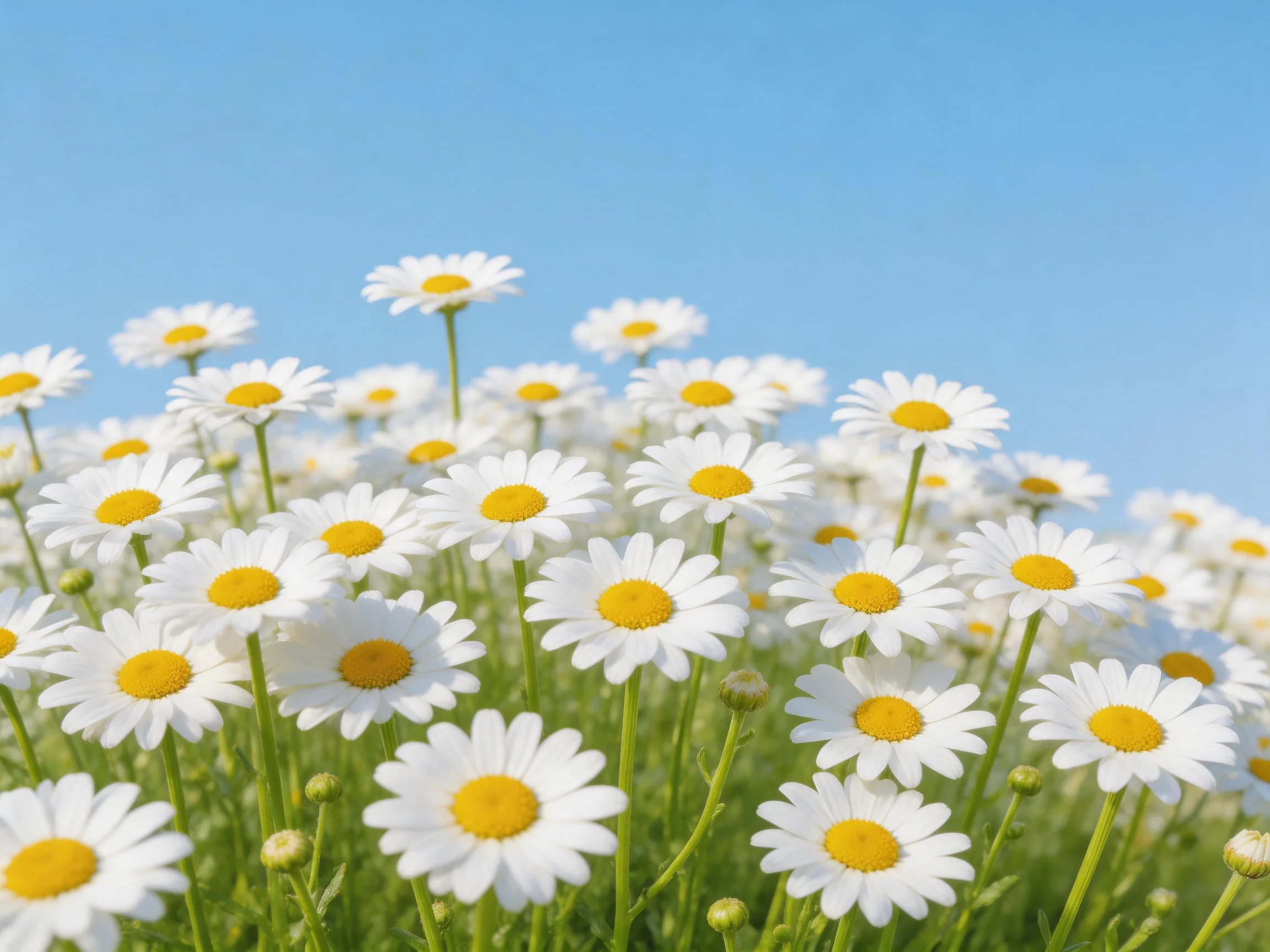A field of white daisies with bright yellow centers against a clear blue sky