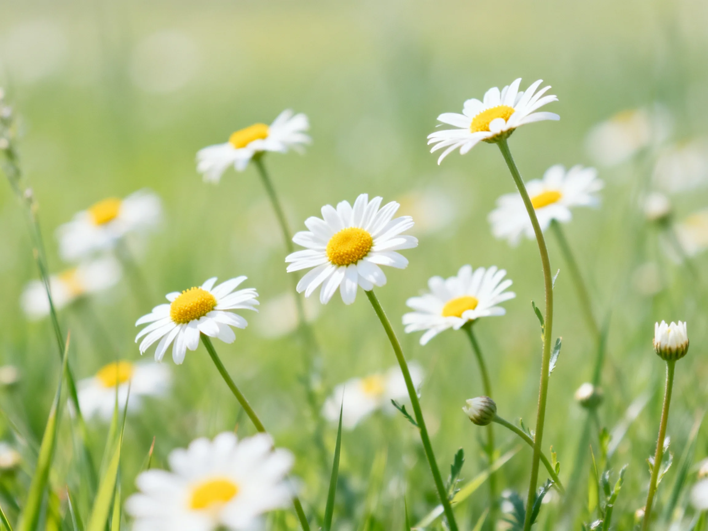 A field of white daisies with bright yellow centers amid lush greenery