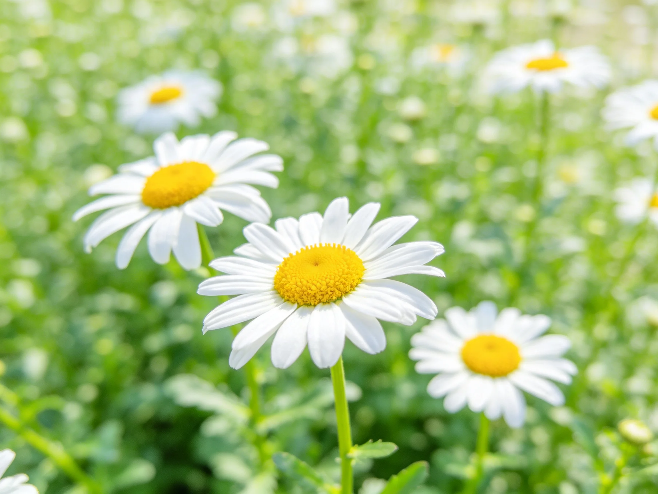 A field of white daisies with bright yellow centers amid lush greenery
