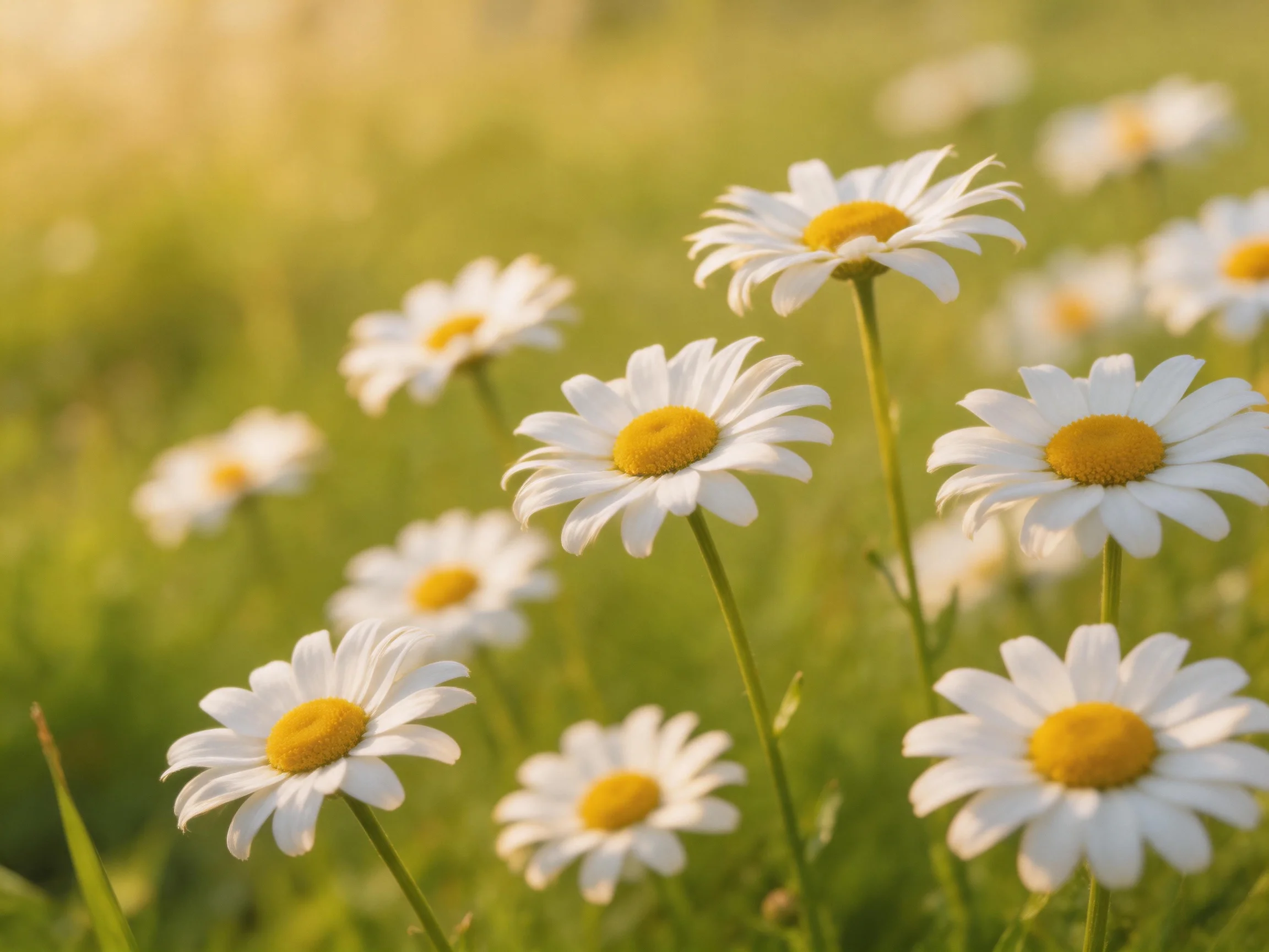 A field of white daisies with bright yellow centers in a sunlit meadow