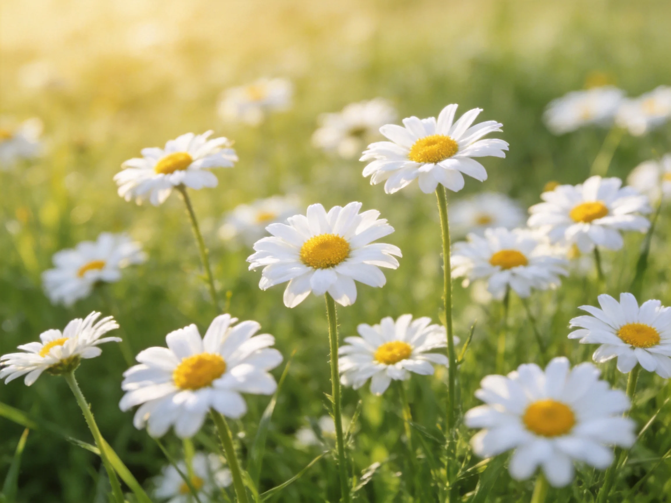 A field of white daisies with bright yellow centers under golden sunlight