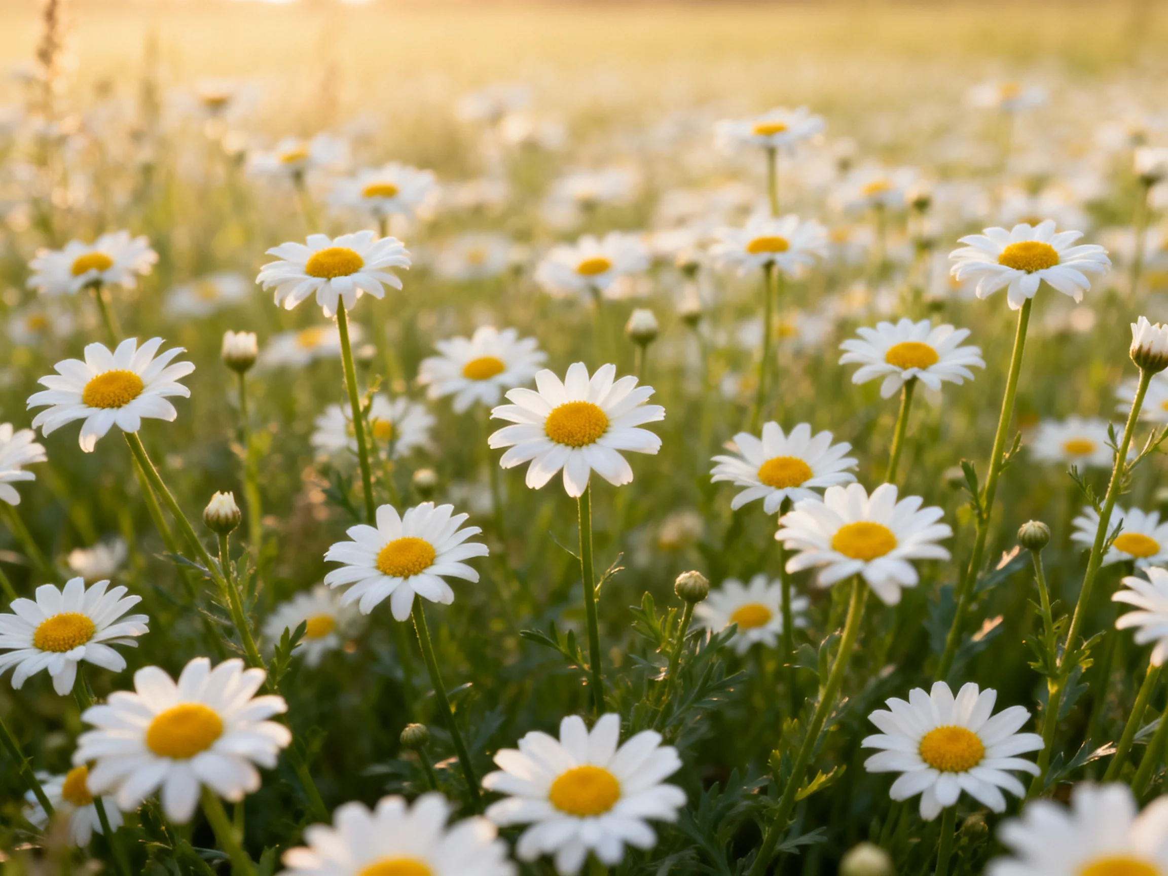 A field of white daisies with bright yellow centers under soft sunlight