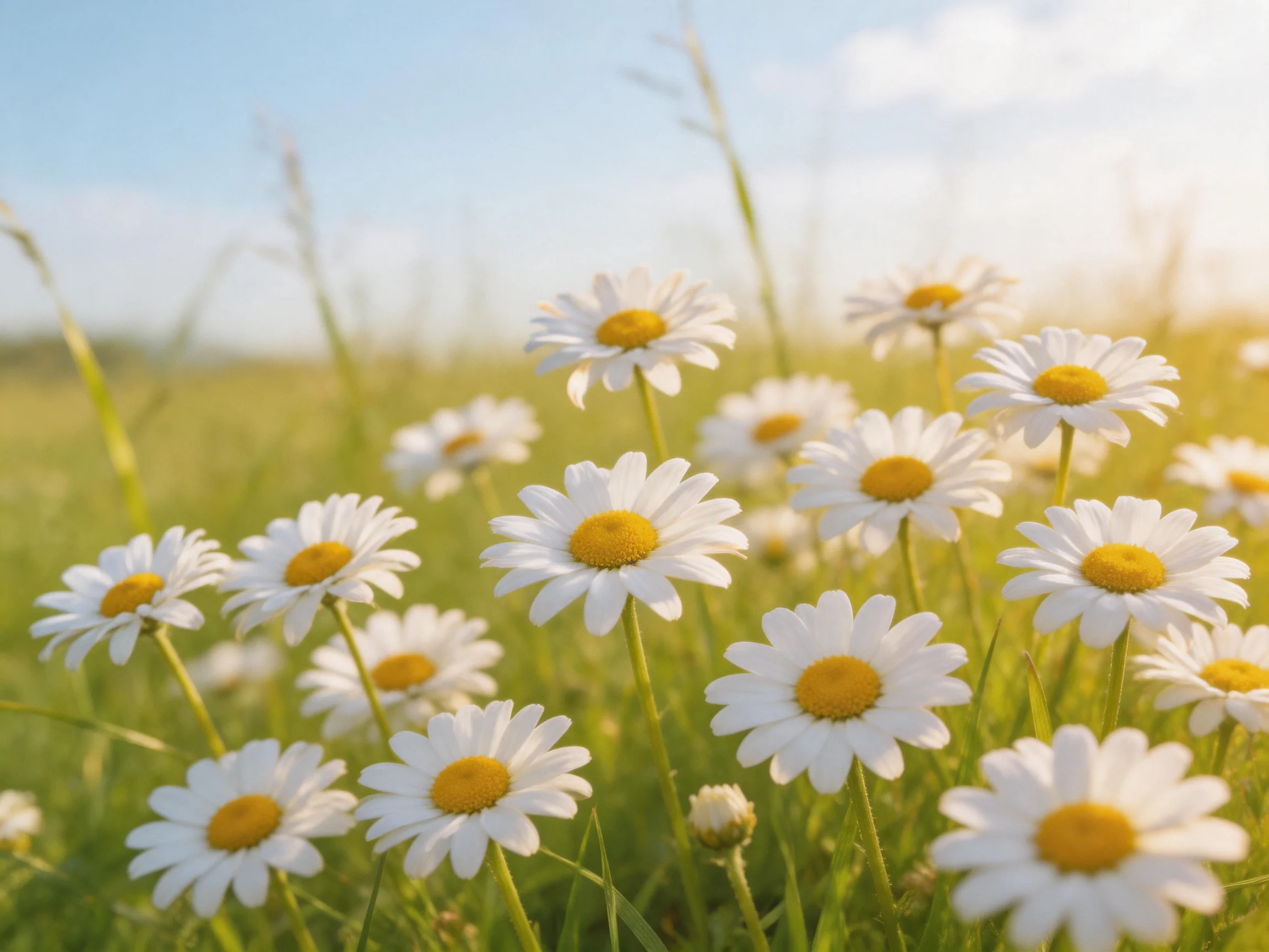 A field of white daisies with bright yellow centers under sunny skies