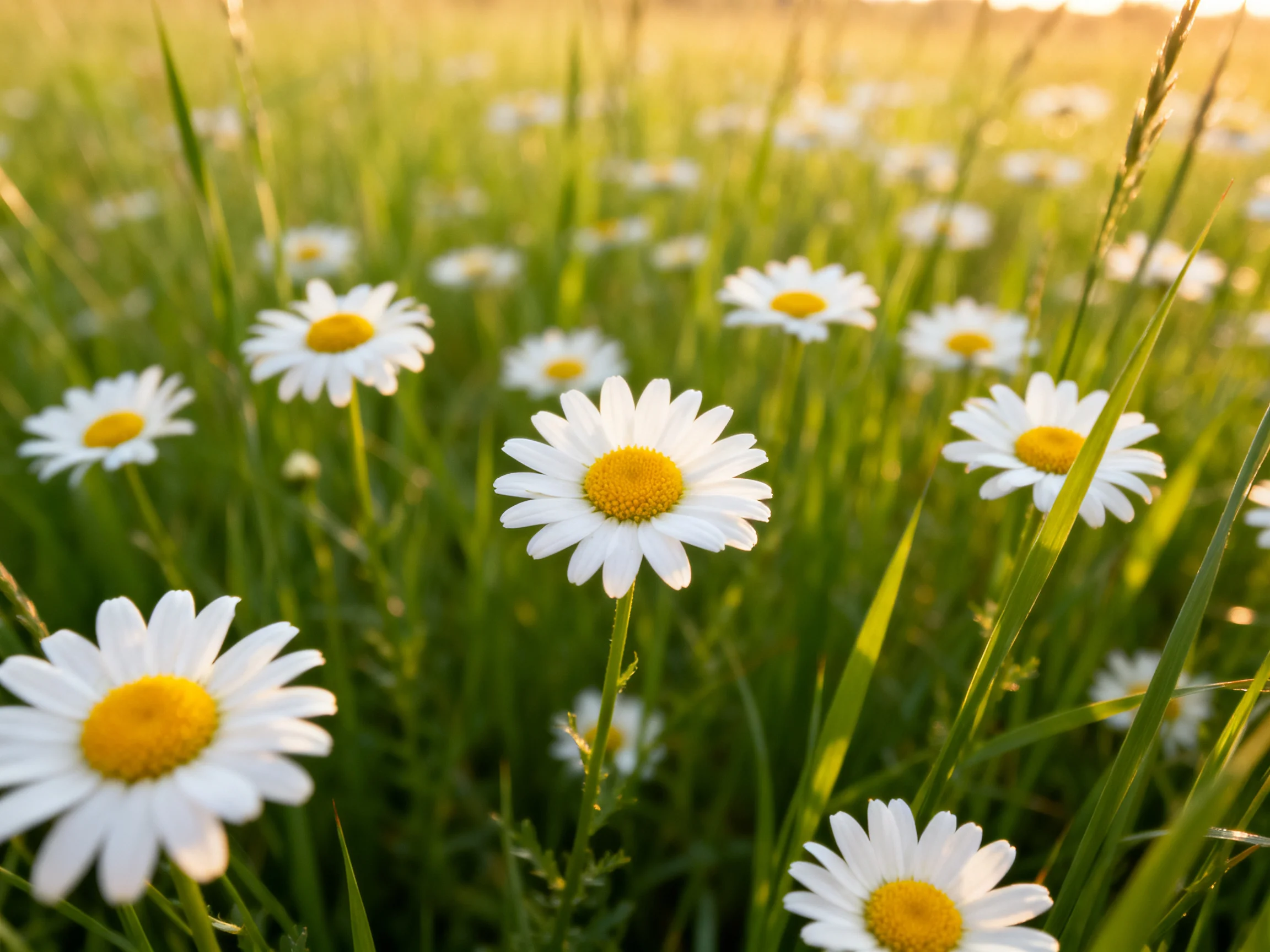 A field of white daisies with yellow centers amid tall green grass