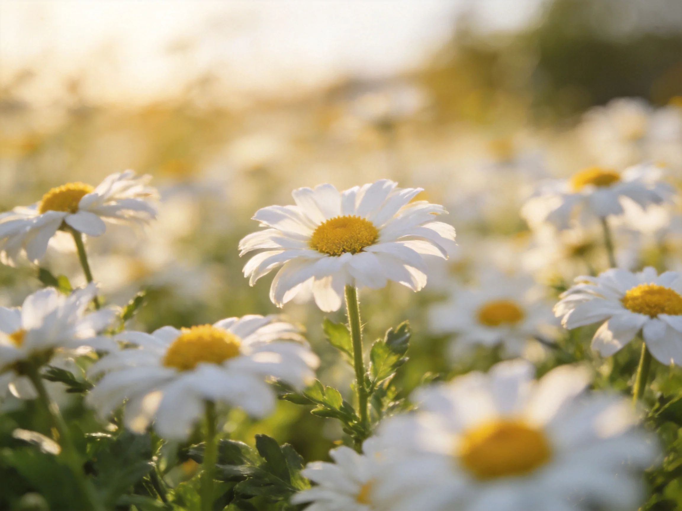 A field of white daisies with yellow centers bathed in golden sunlight