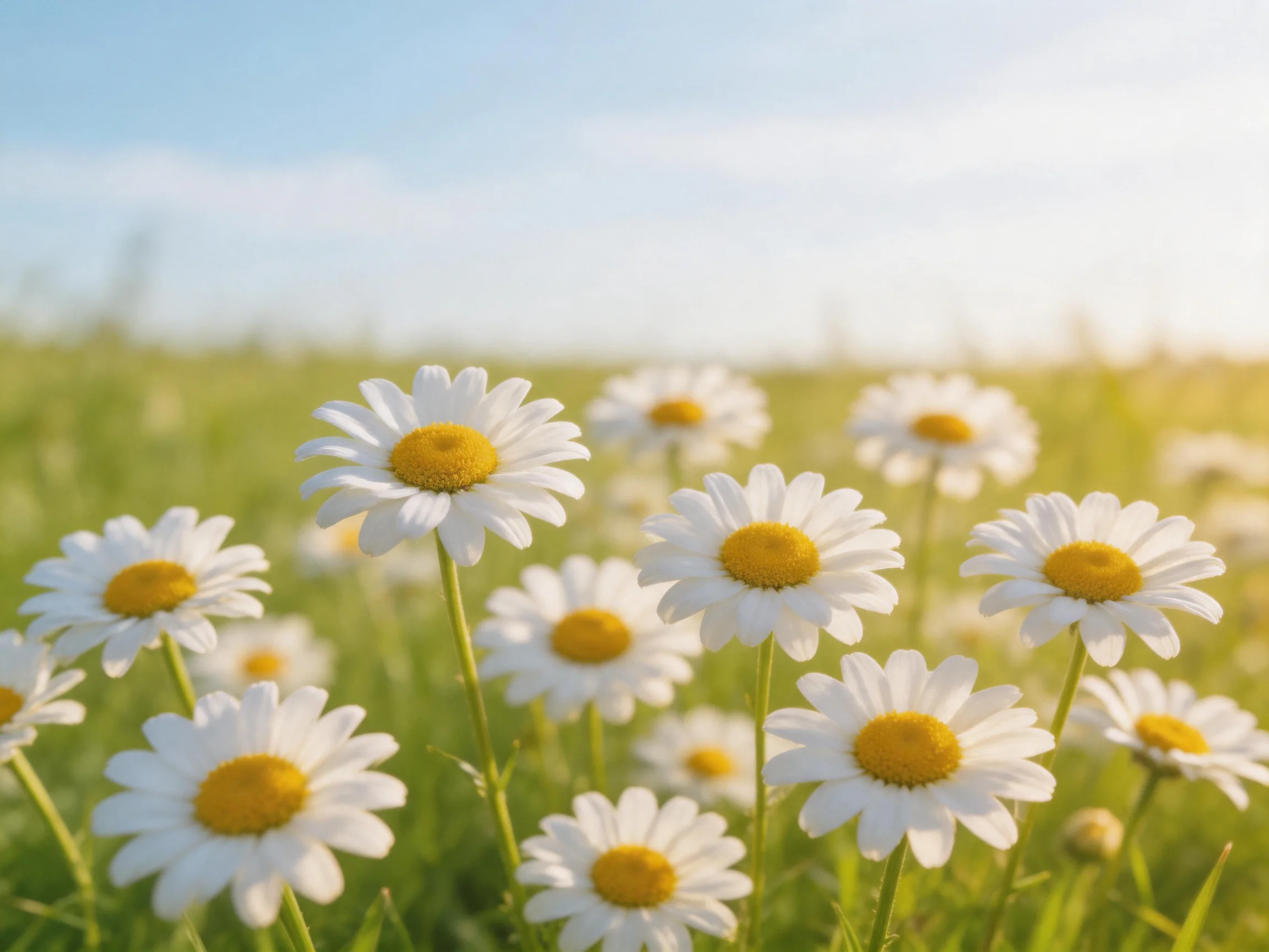 A field of white daisies with yellow centers in sunny meadow