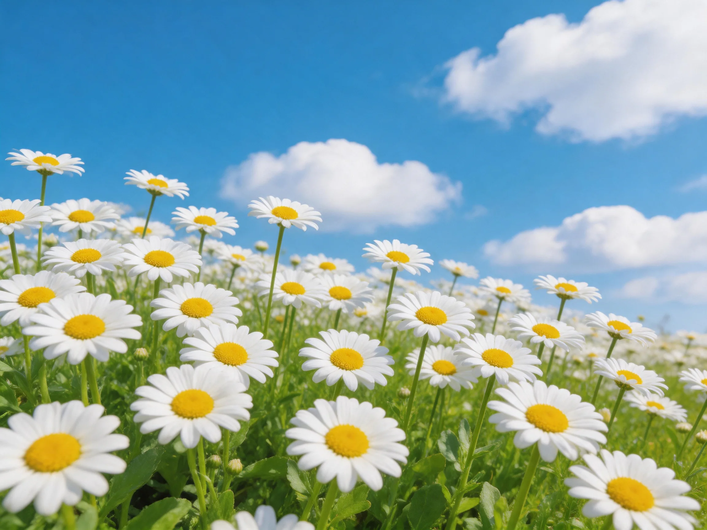 A field of white daisies with yellow centers under bright blue sky
