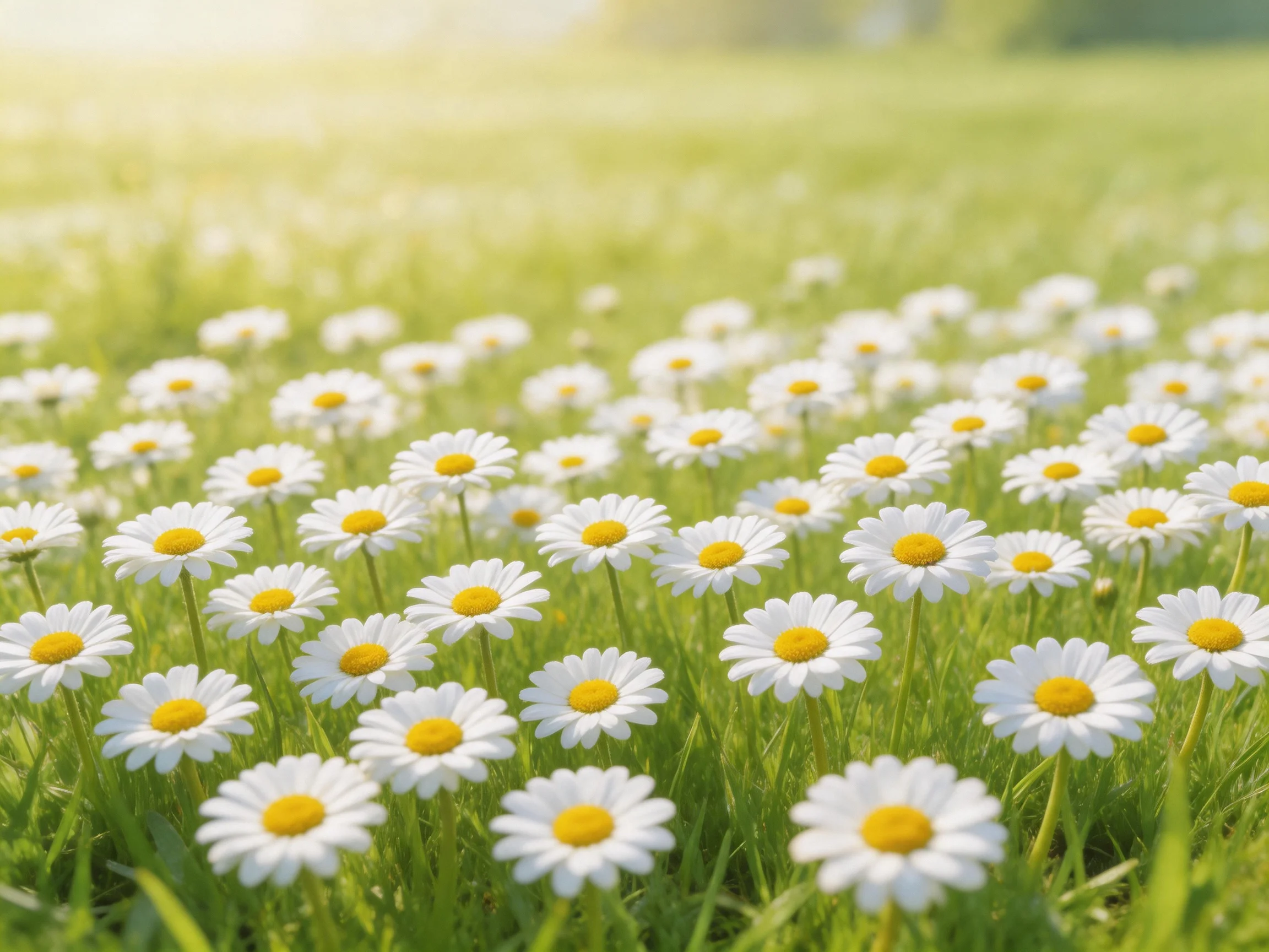 A field of white daisies with yellow centers under bright sunlight