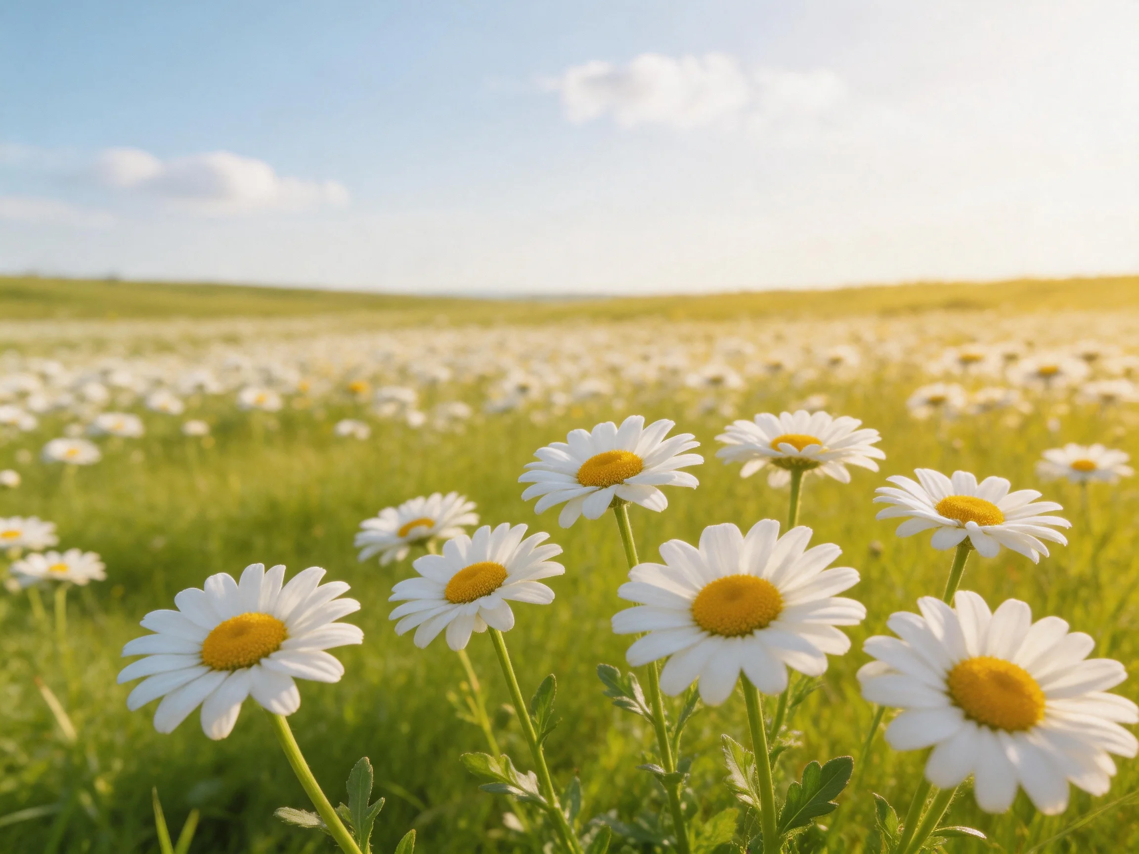 A field of white daisy flowers stretches toward a clear blue sky