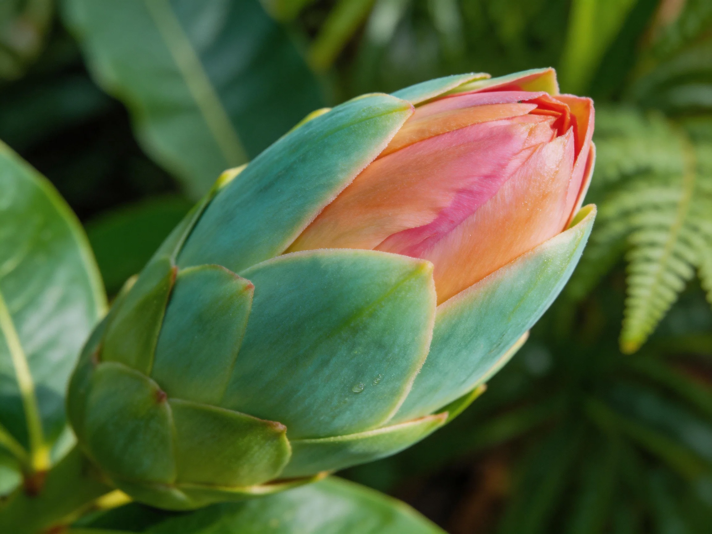 A flower bud with green outer sepals and pink inner petals