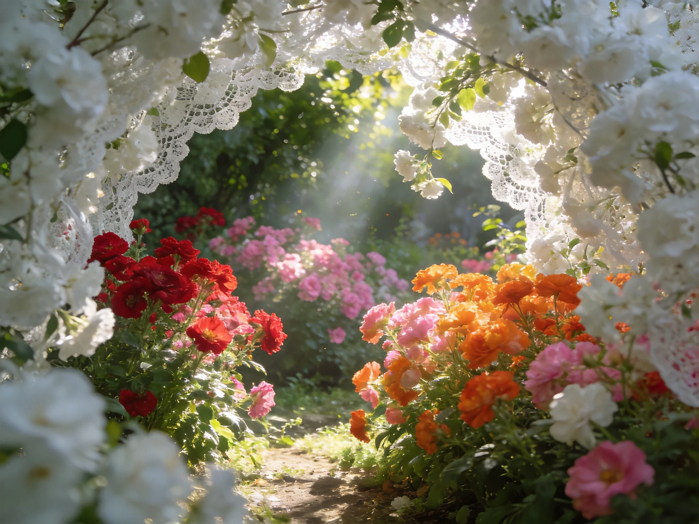 A flower-filled archway with white lace and vibrant red, pink, orange blooms