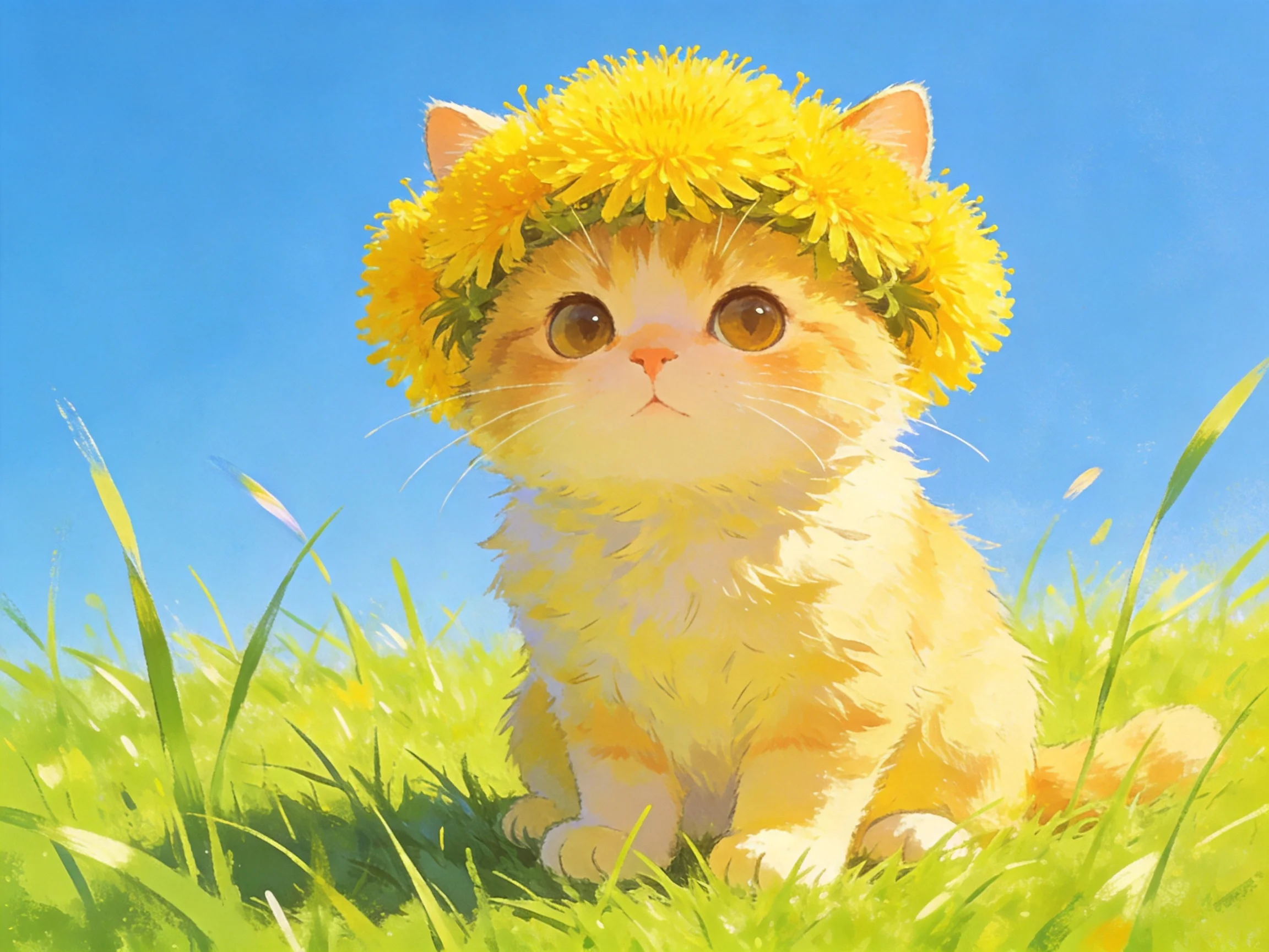 A fluffy orange kitten wearing a large yellow flower crown sits in bright green grass