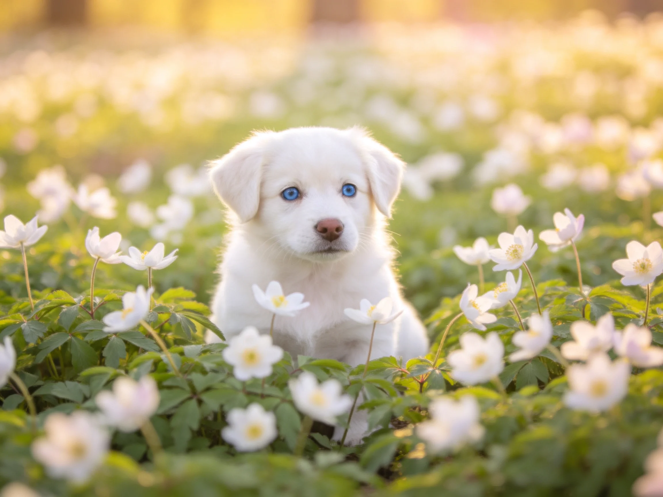 A fluffy white puppy with blue eyes sits among a dense field of white flowers