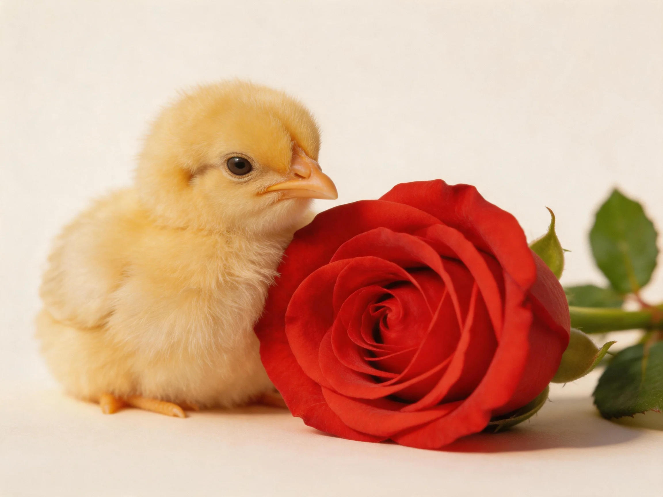 A fluffy yellow chick beside a vibrant red rose