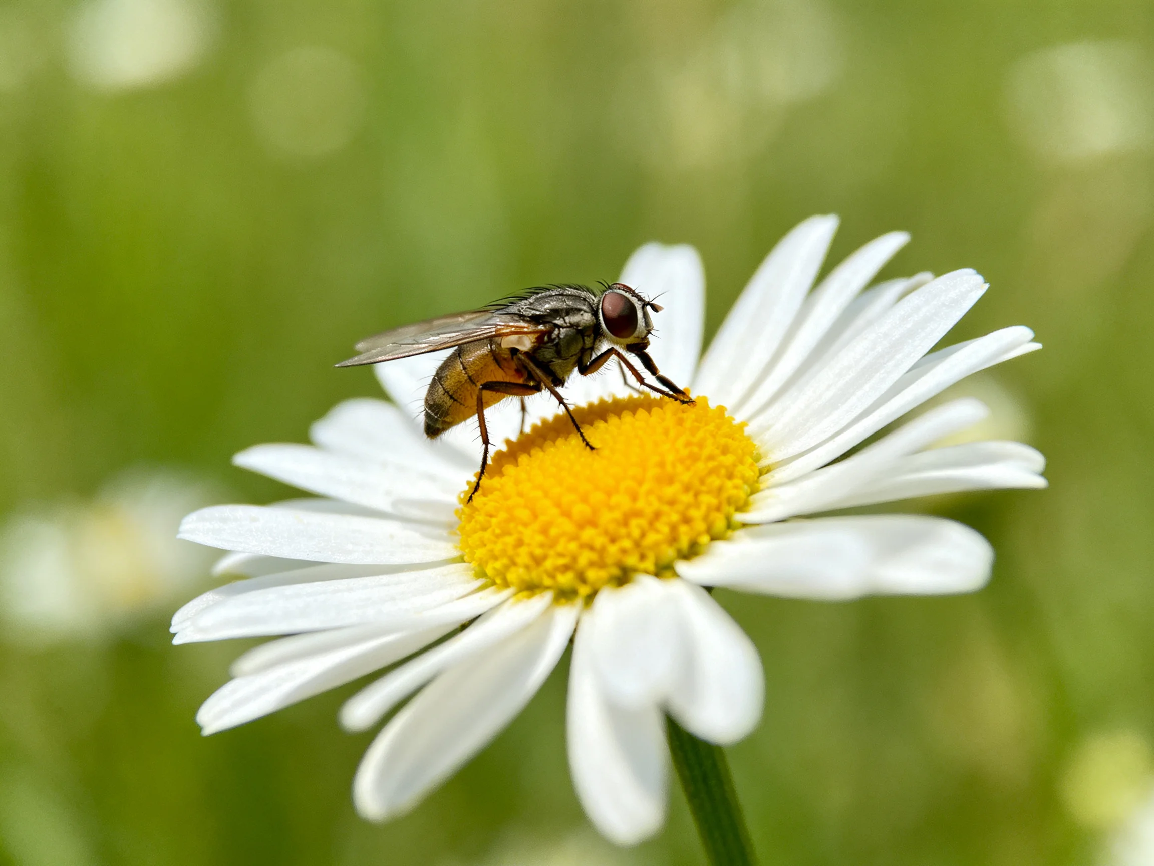 A fly perched on a white daisy with a yellow center