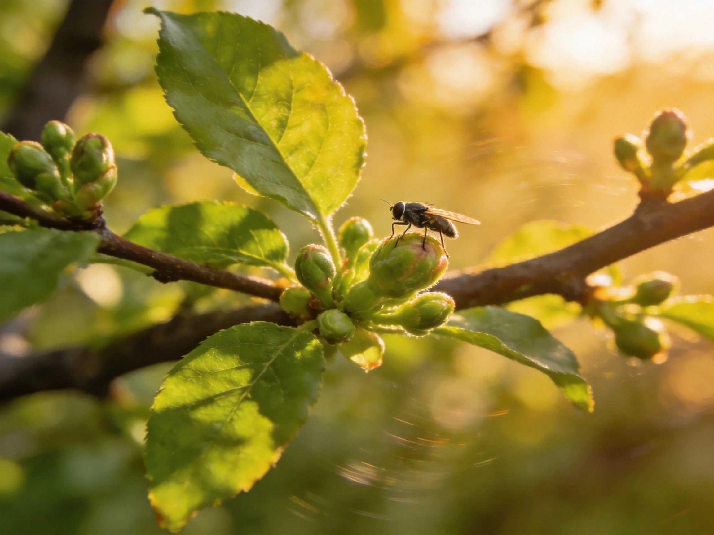 A fly perched on budding flowers amid vibrant green leaves under golden sunlight