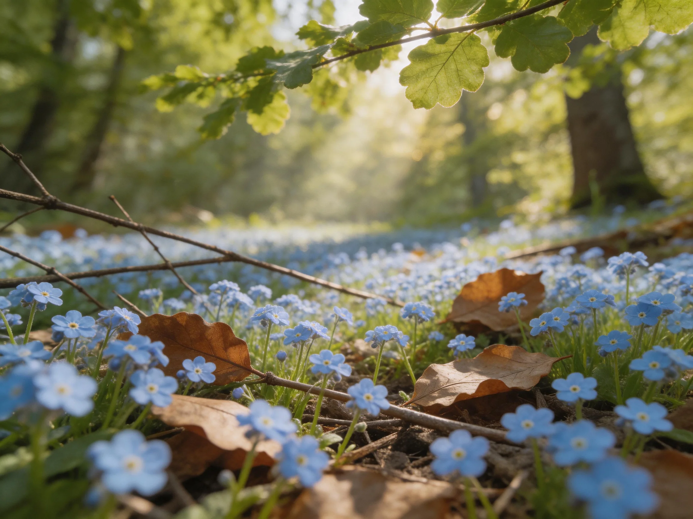 A forest floor blanketed with small blue flowers and scattered brown leaves