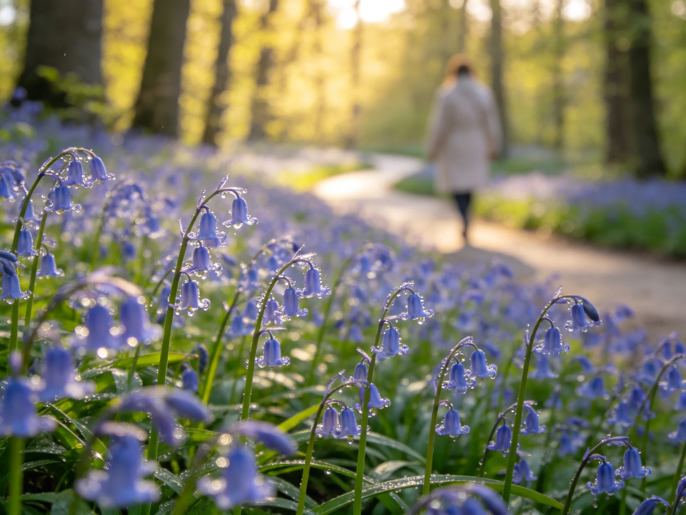 A forest path lined with vibrant bluebell flowers under golden sunlight
