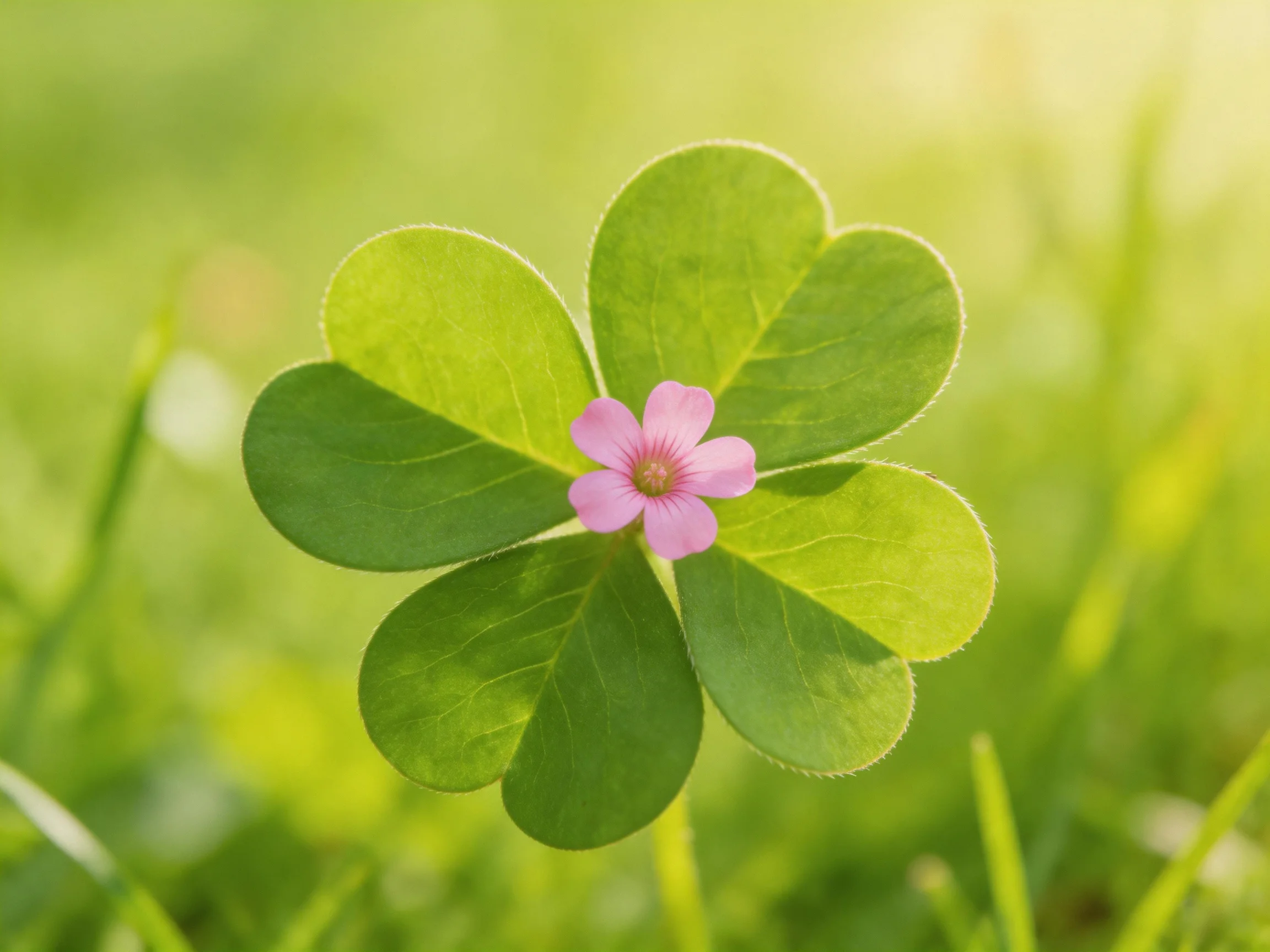 A four-leaf clover with pink flower surrounded by green foliage
