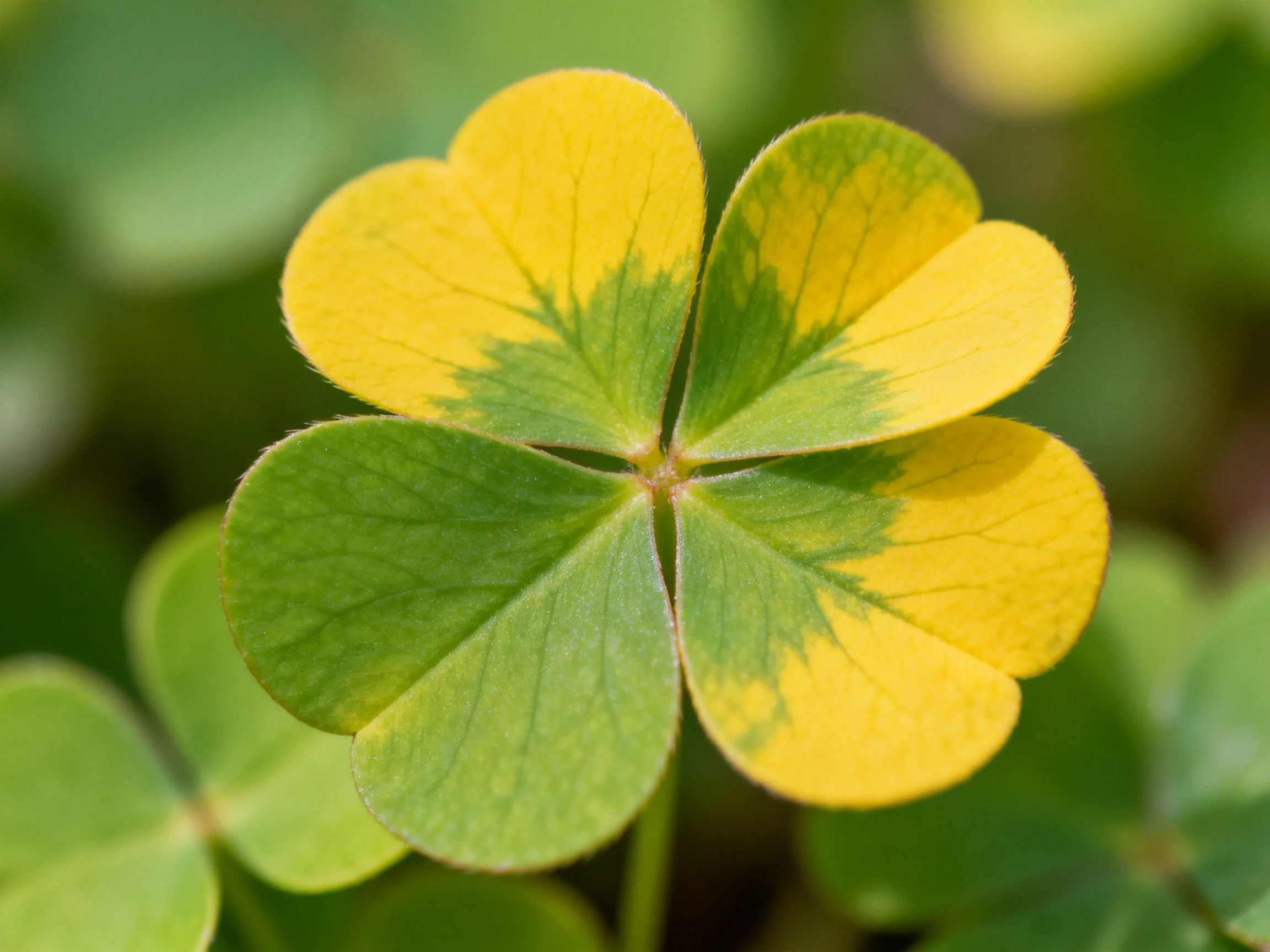 A four-leaf clover with yellow and green variegated leaves
