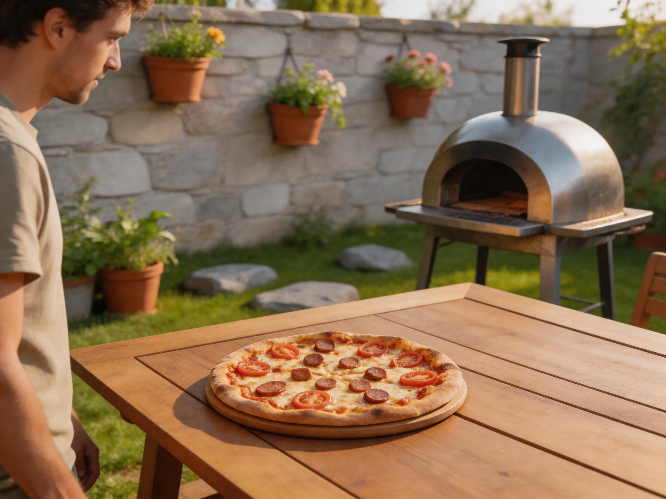 A freshly baked pizza on a wooden table near an outdoor stone oven