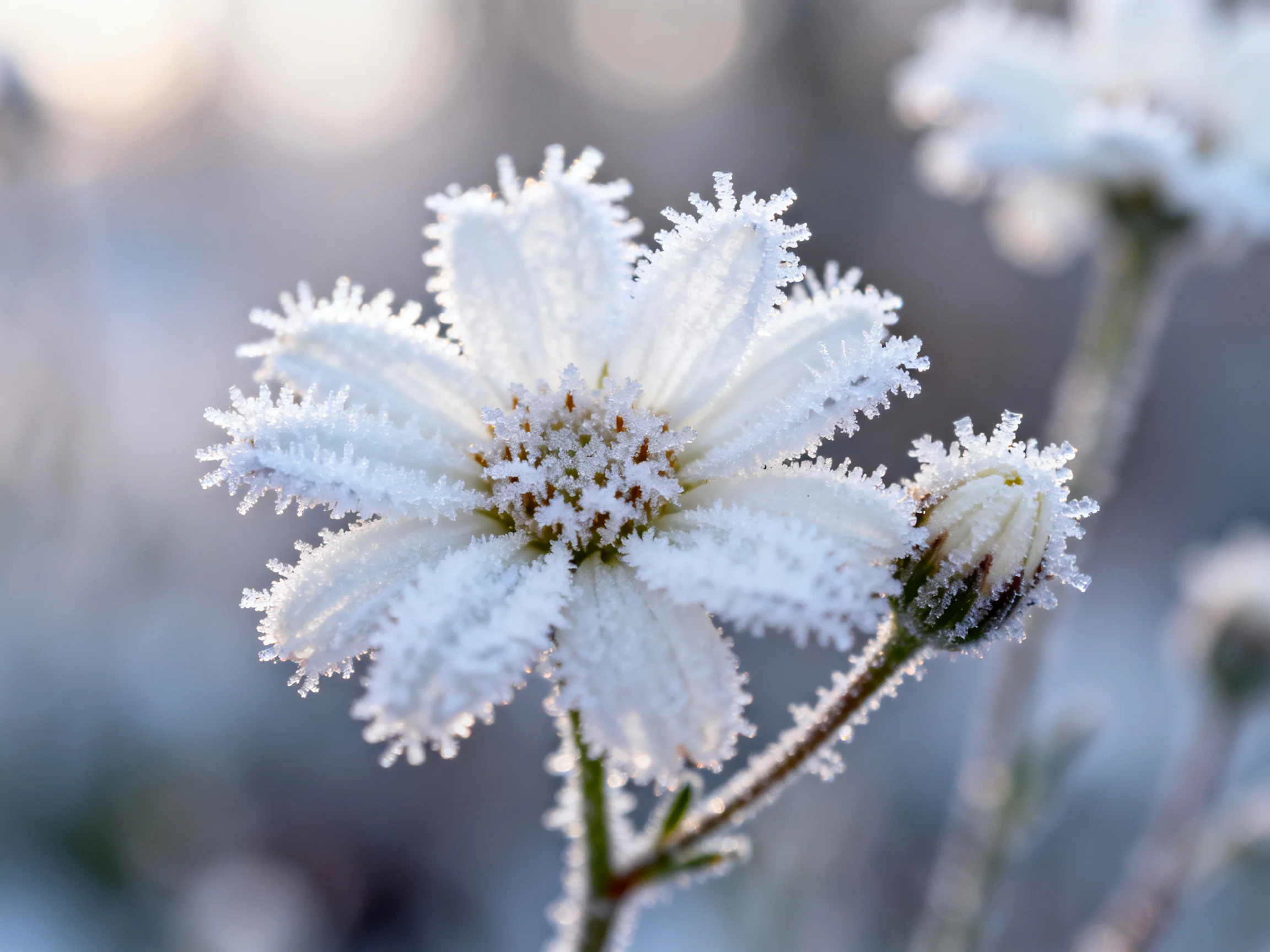 A frost-covered white flower is centered, with a frosty bud nearby, set against a blurred wintry background.