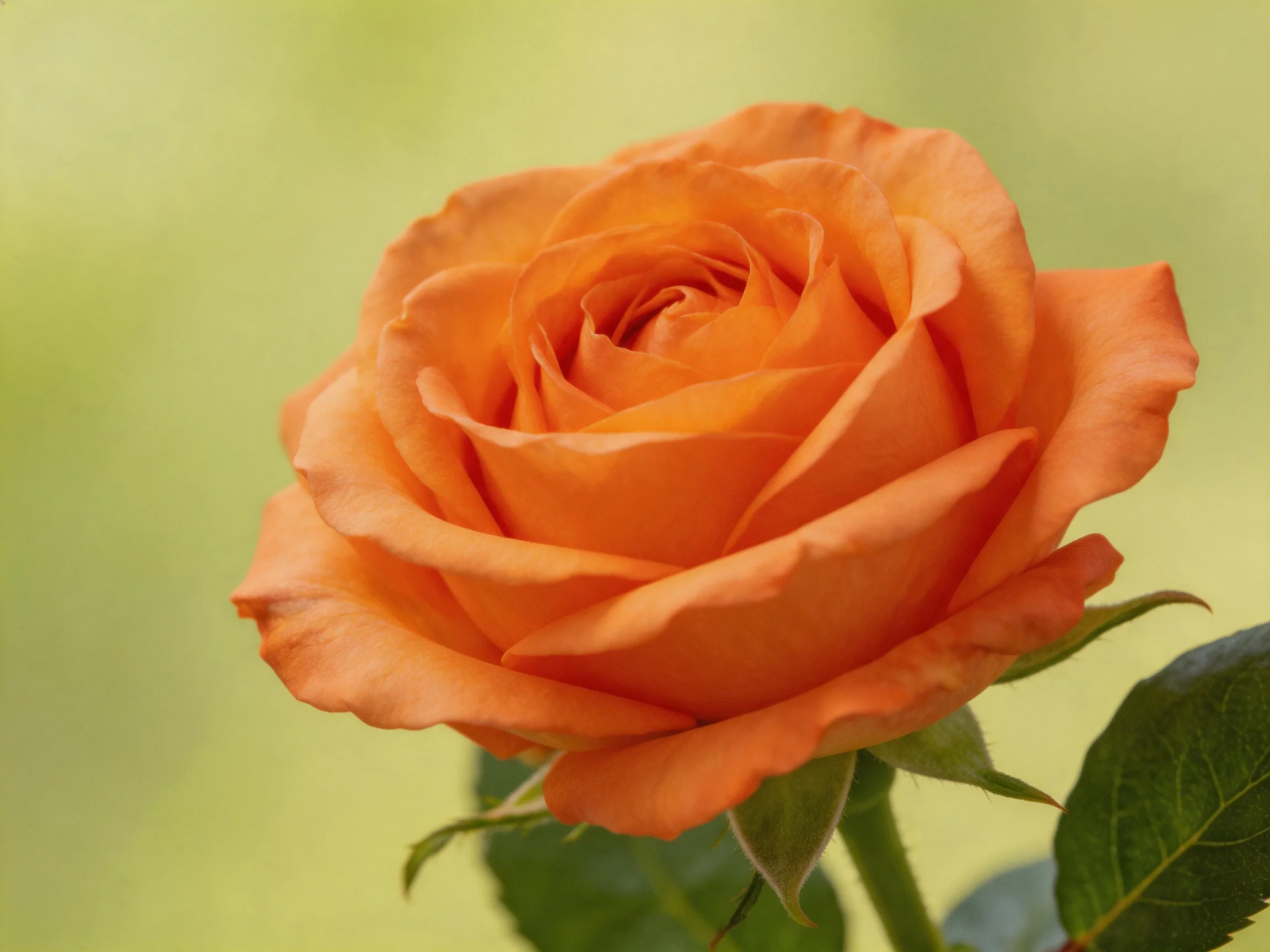 A fully bloomed orange rose with rich petals and green leaves