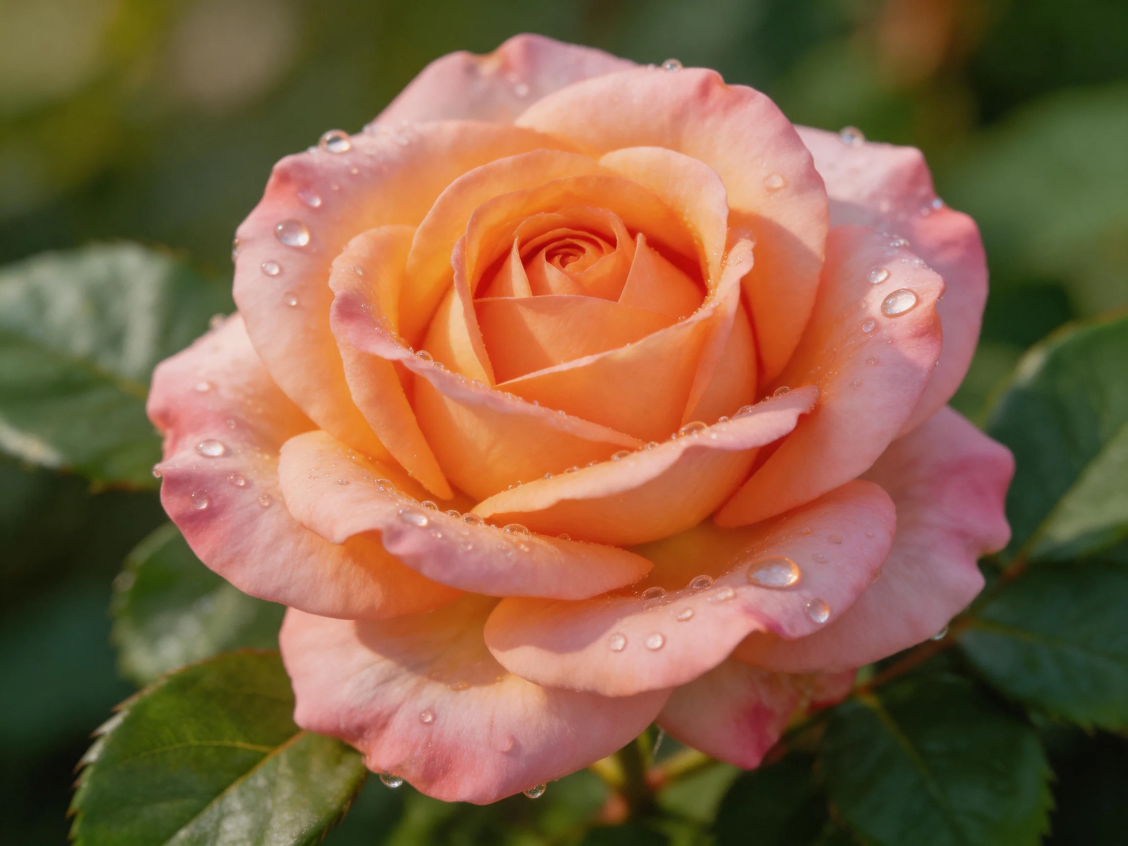 A fully bloomed peach-pink rose with water droplets on petals