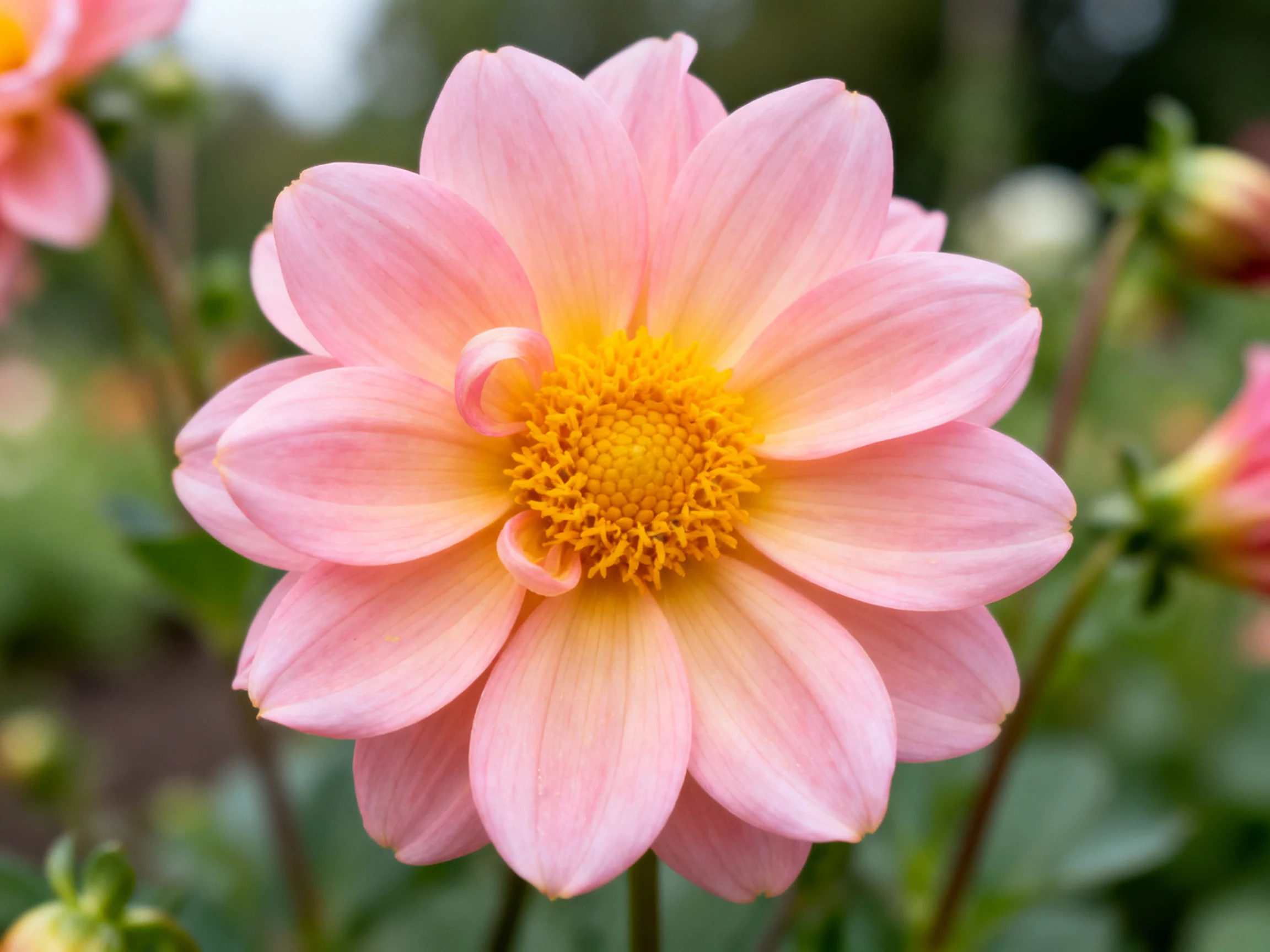 A fully bloomed pink dahlia with vibrant yellow center