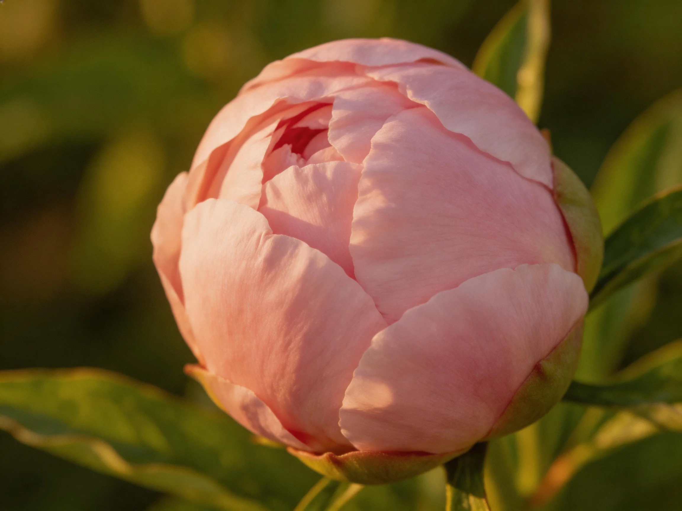 A fully bloomed pink peony bud amidst lush green foliage