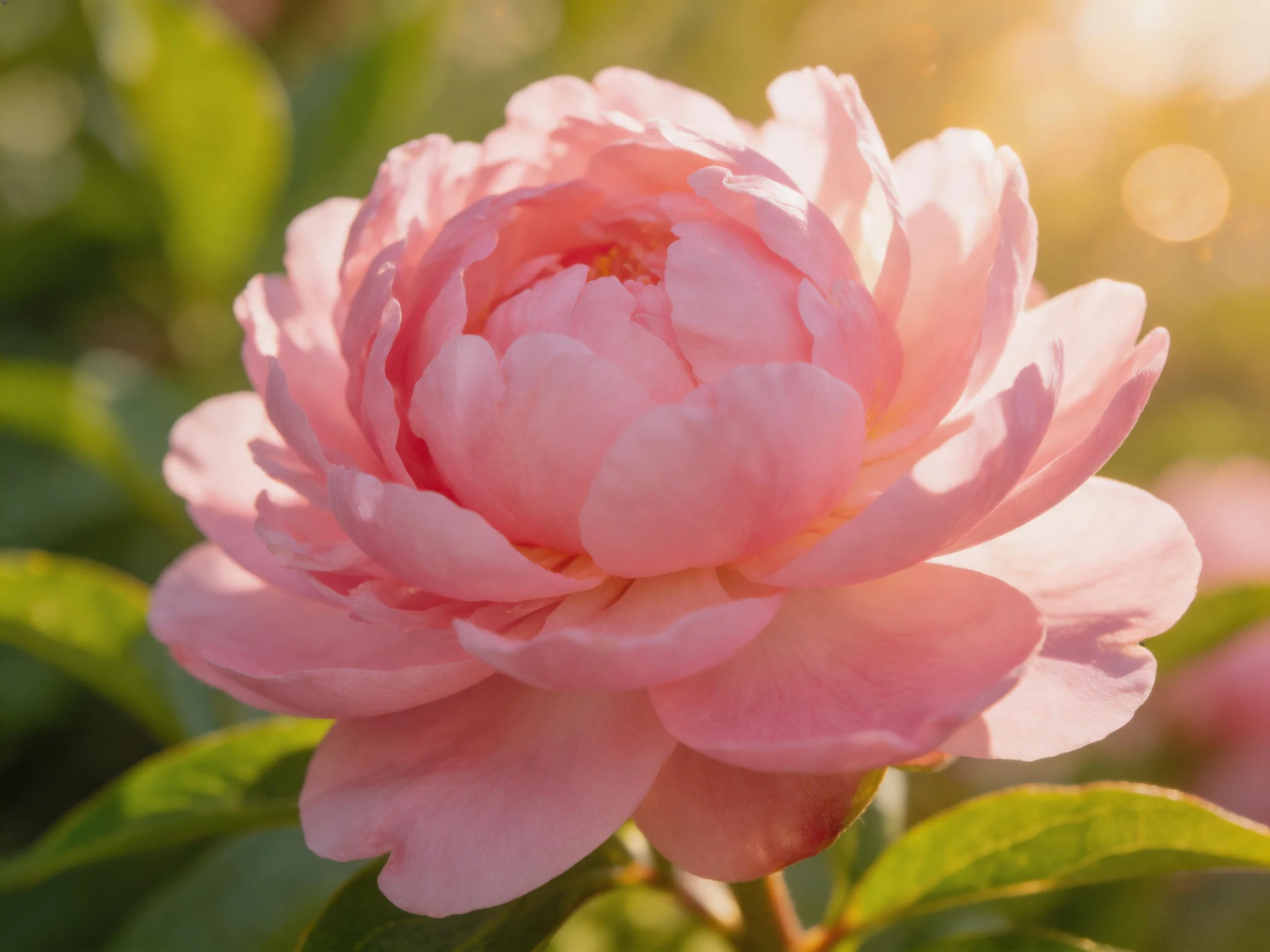 A fully bloomed pink peony with delicate petals and green foliage