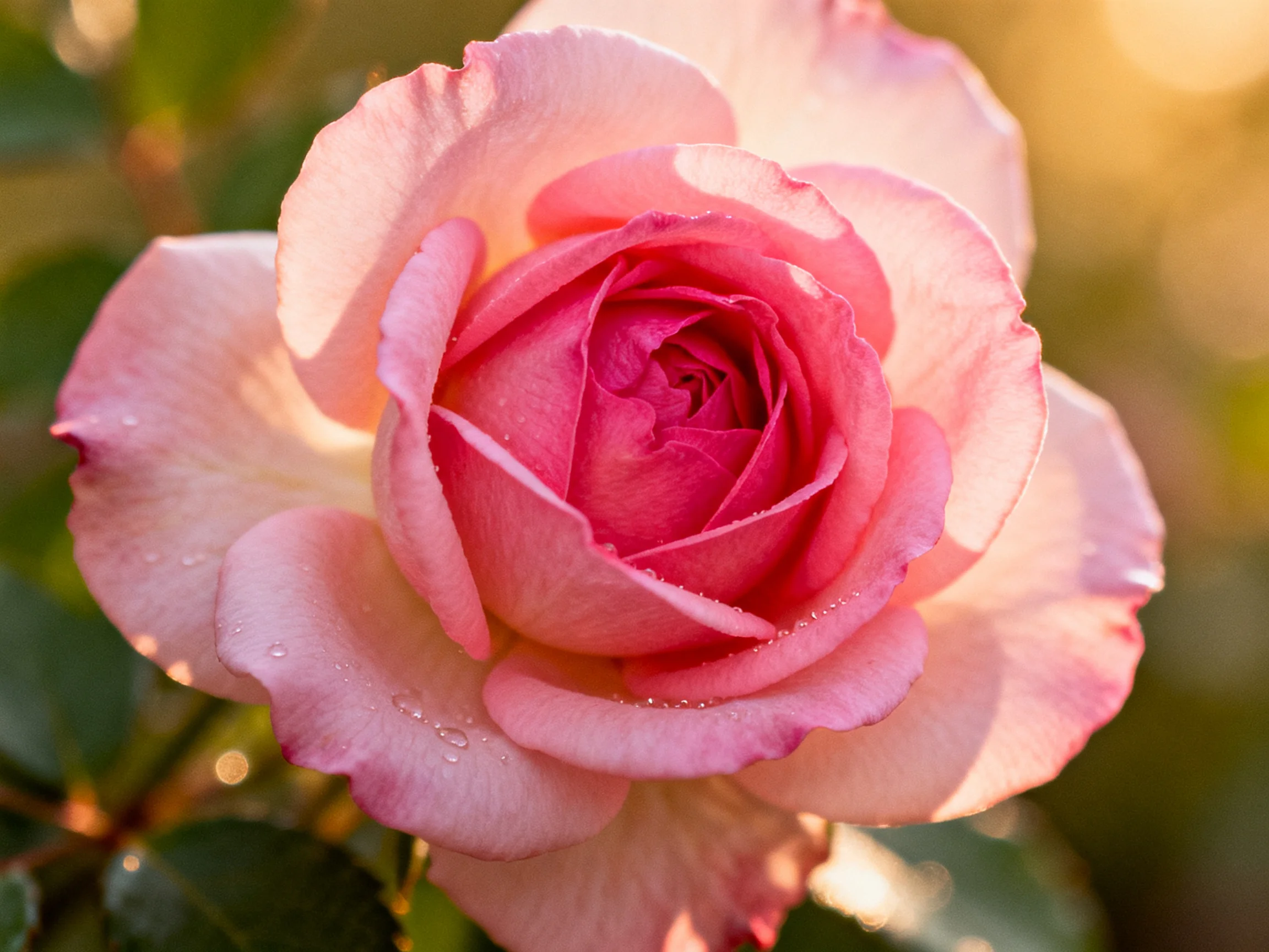 A fully bloomed pink rose with delicate petals and dew droplets