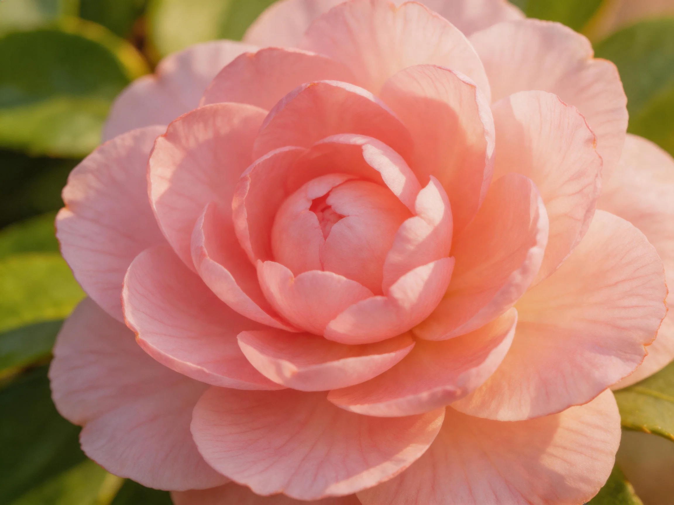 A fully bloomed soft pink camellia with layered petals
