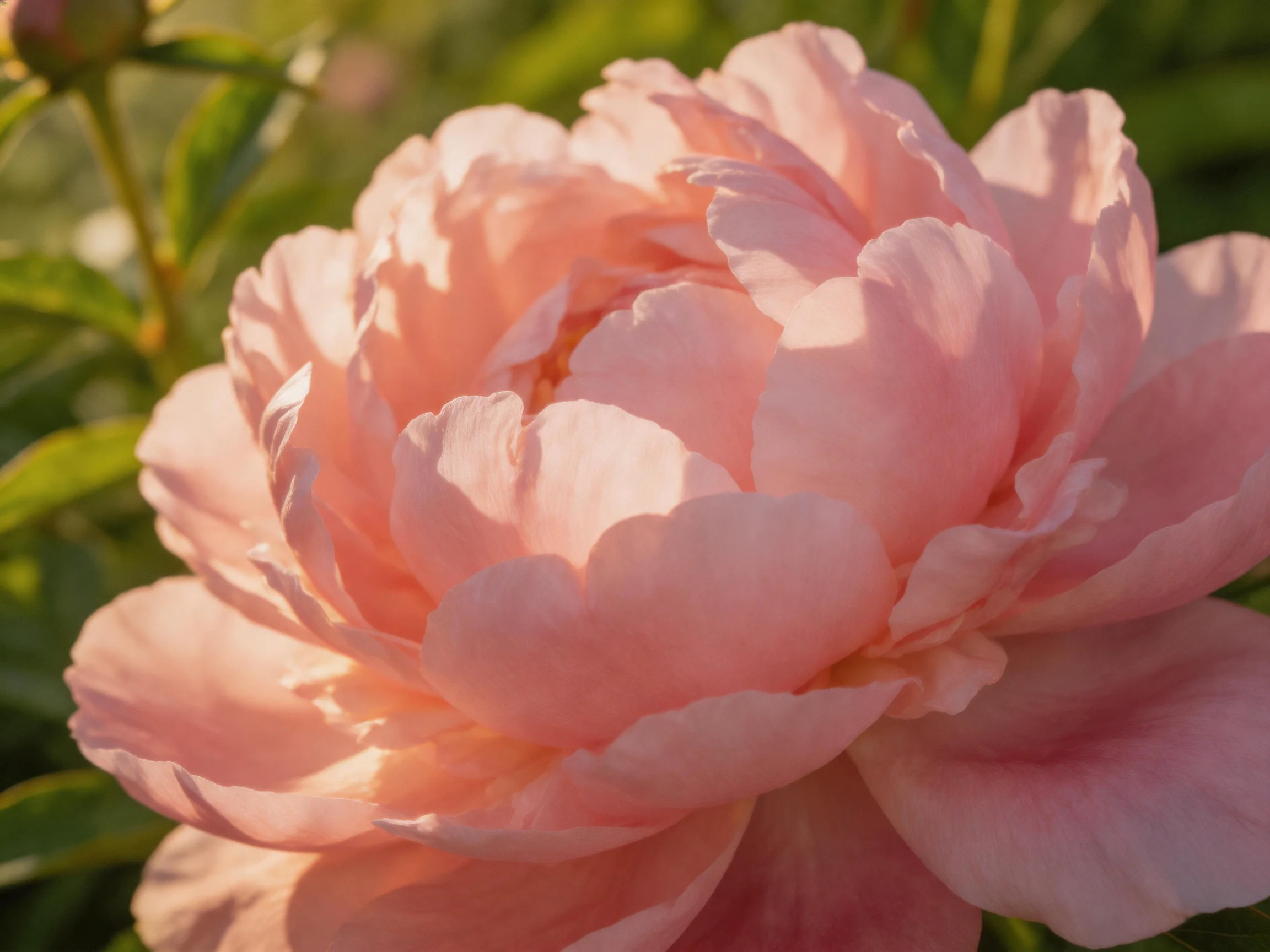 A fully bloomed soft pink peony with green foliage in the background