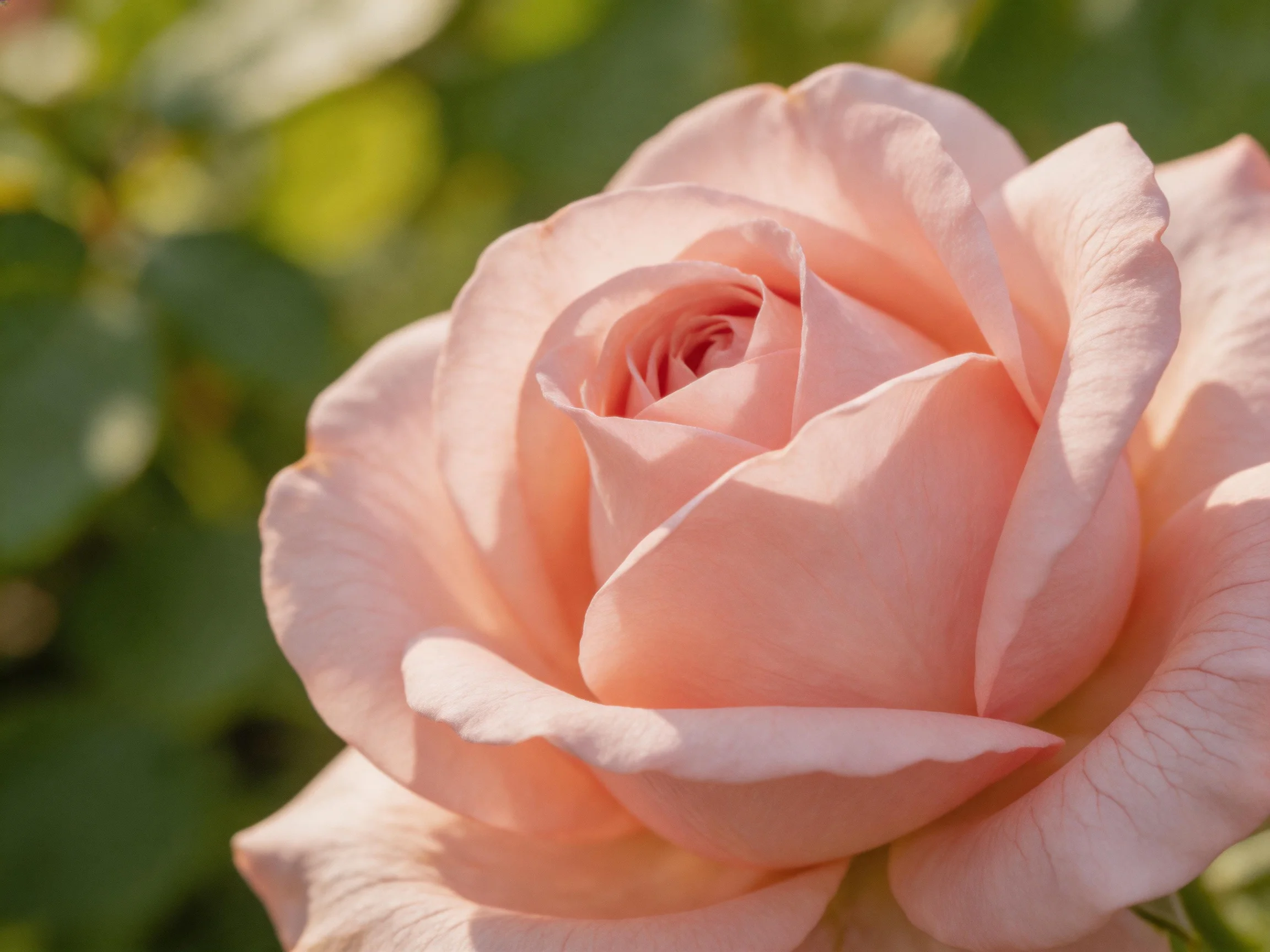 A fully bloomed soft pink rose amidst blurred green foliage